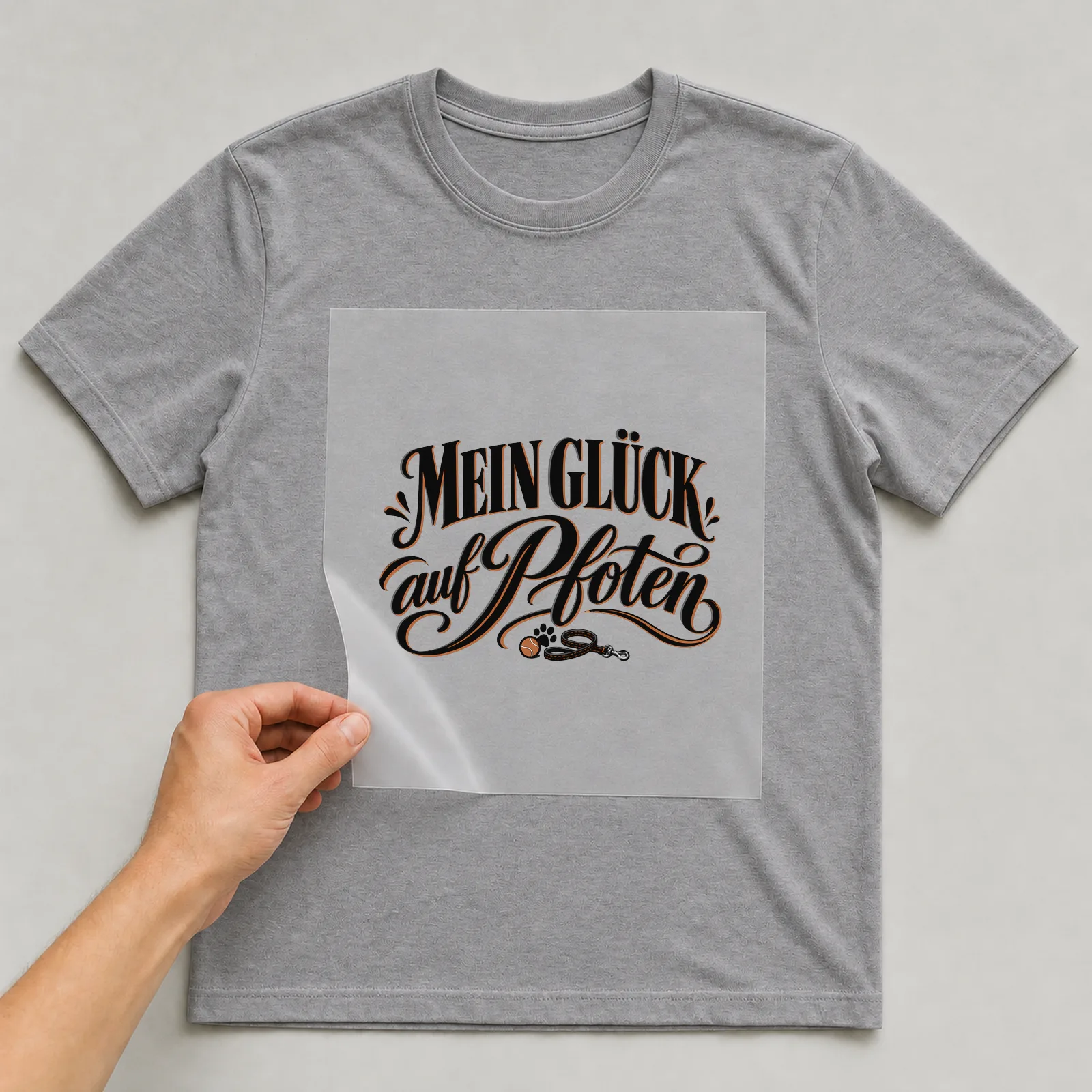 Bügelbild „Mein Glück auf Pfoten“ auf grauem T-Shirt, Folie wird aufgelegt