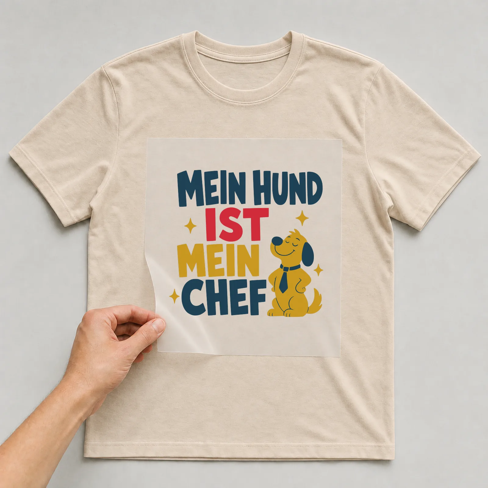 Bügelbild Mein Hund ist mein Chef auf beigem T-Shirt, Folie wird aufgelegt