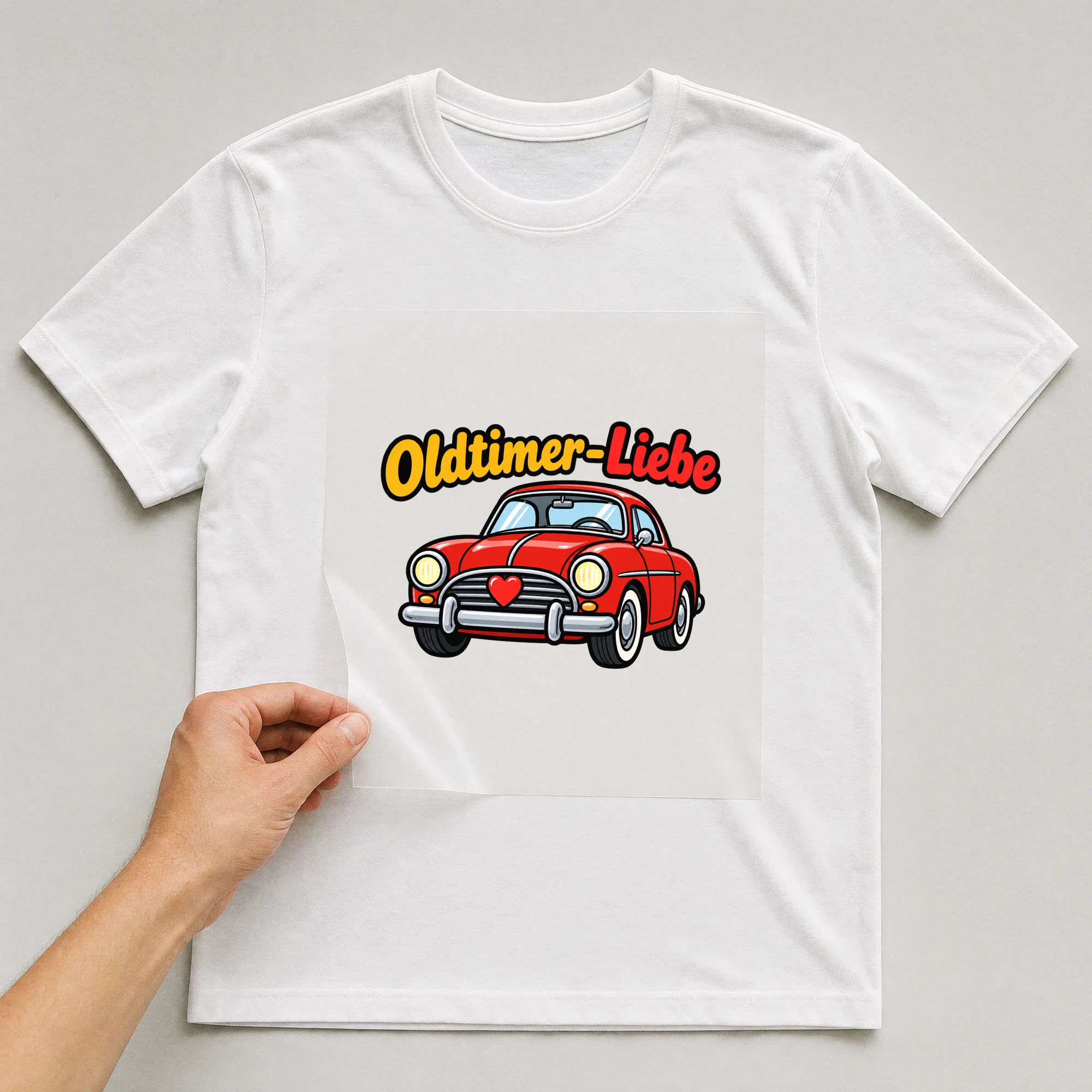 Bügelbild „Oldtimer-Liebe“ auf weißem T-Shirt, Folie wird aufgelegt