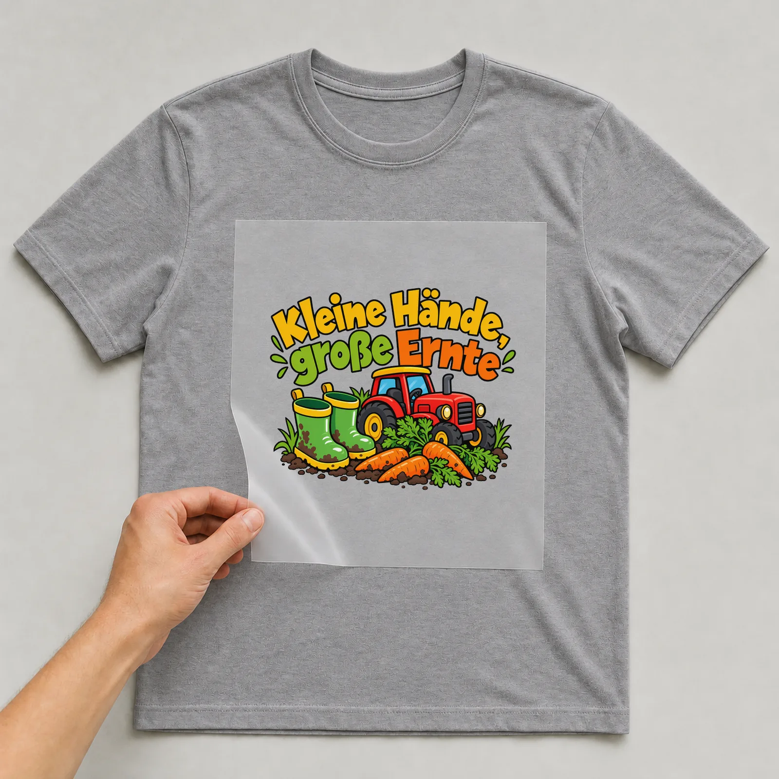 Bügelbild „Kleine Hände, große Ernte“ auf grauem T-Shirt, Folie wird aufgelegt