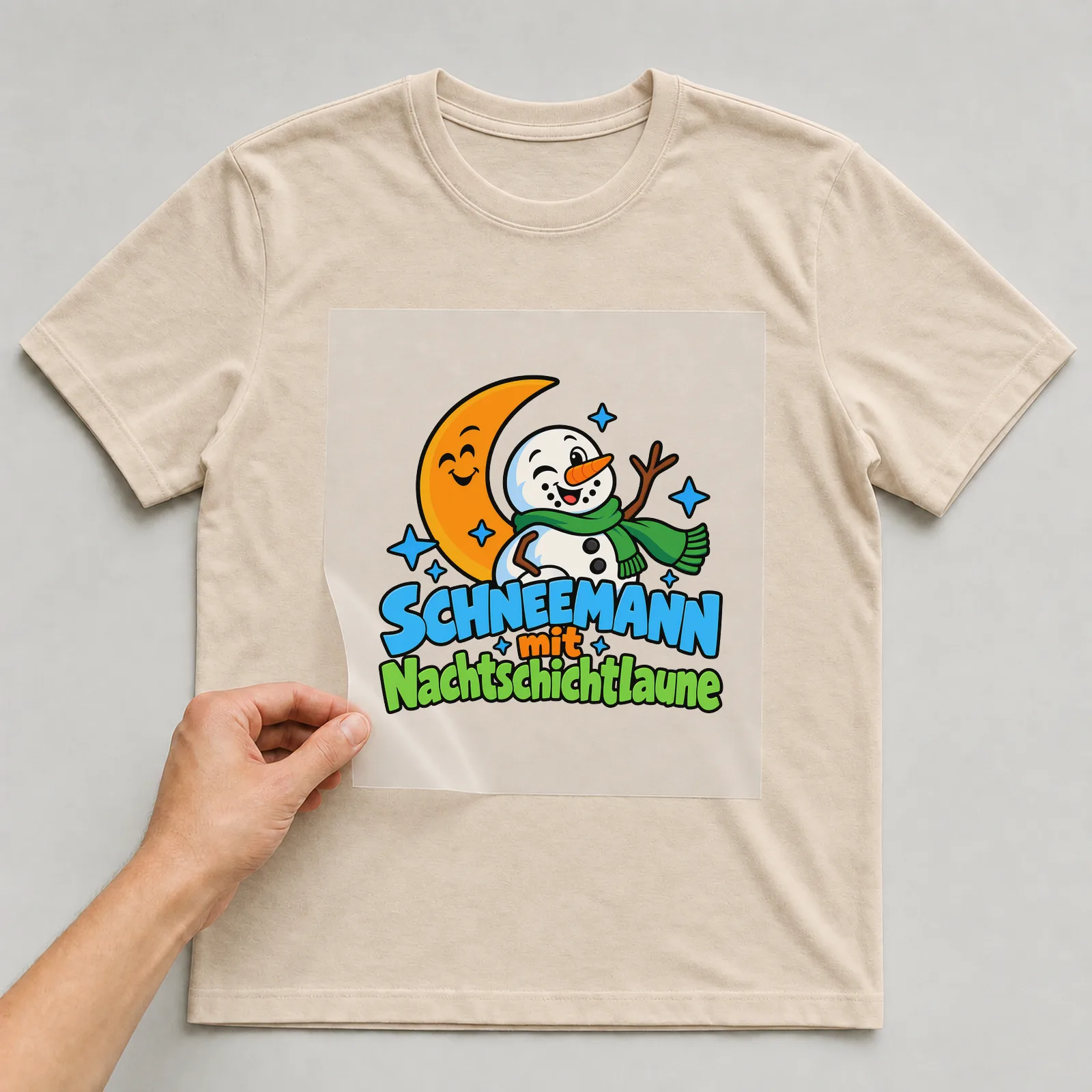 Bügelbild „Schneemann mit Nachtschichtlaune“ auf beigem T-Shirt, Folie wird aufgelegt