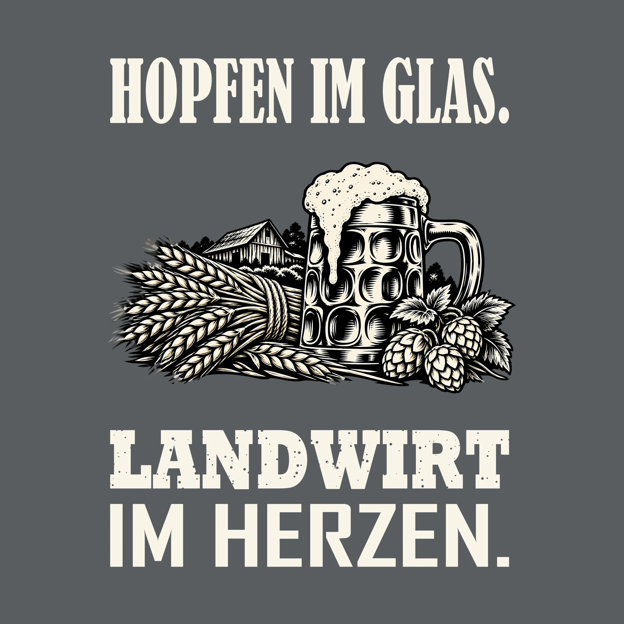 Bügelbild HOPFEN IM GLAS. LANDWIRT IM HERZEN. als Grafik auf dunklem Hintergrund (BB011817)