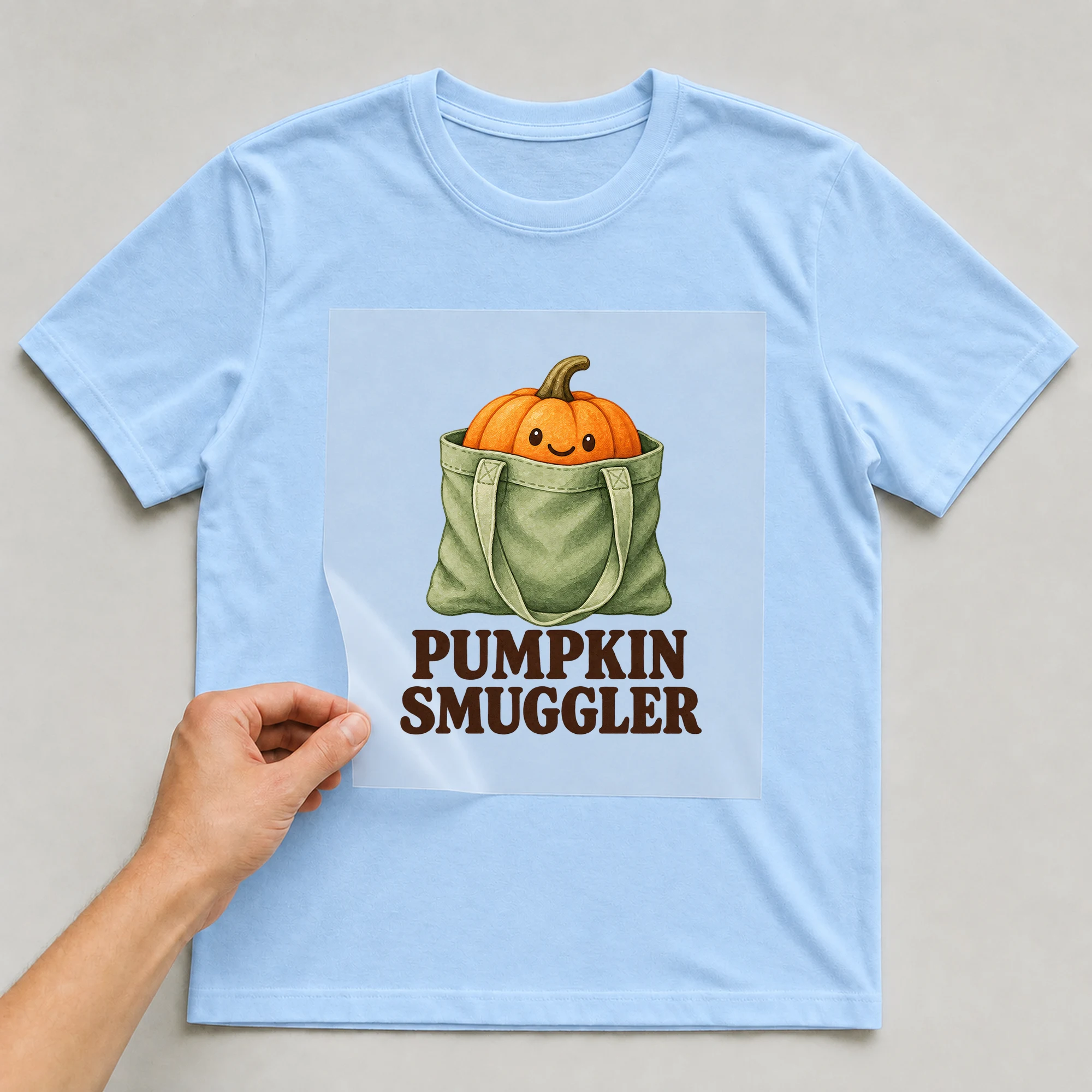 Bügelbild „PUMPKIN SMUGGLER“ auf babyblauem T-Shirt, Folie wird aufgelegt