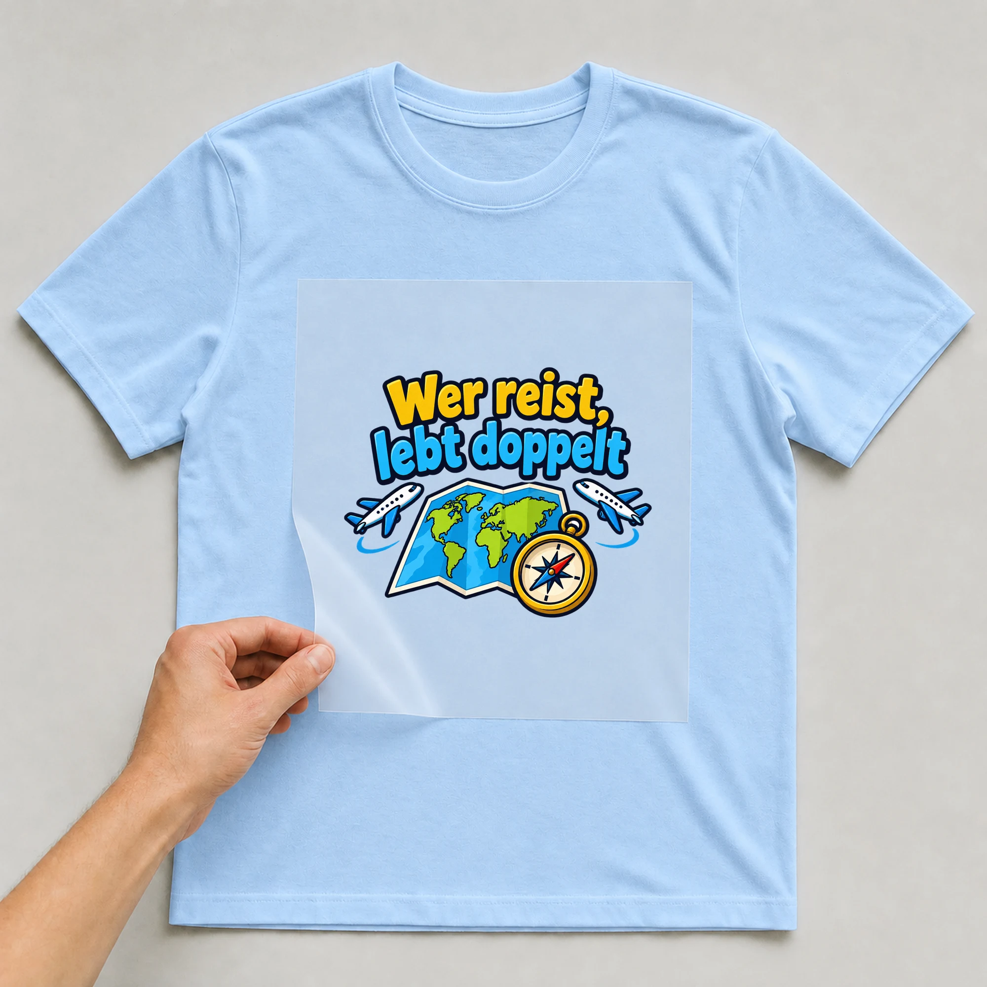 Bügelbild „Wer reist, lebt doppelt“ auf babyblauem T-Shirt, Folie wird aufgelegt