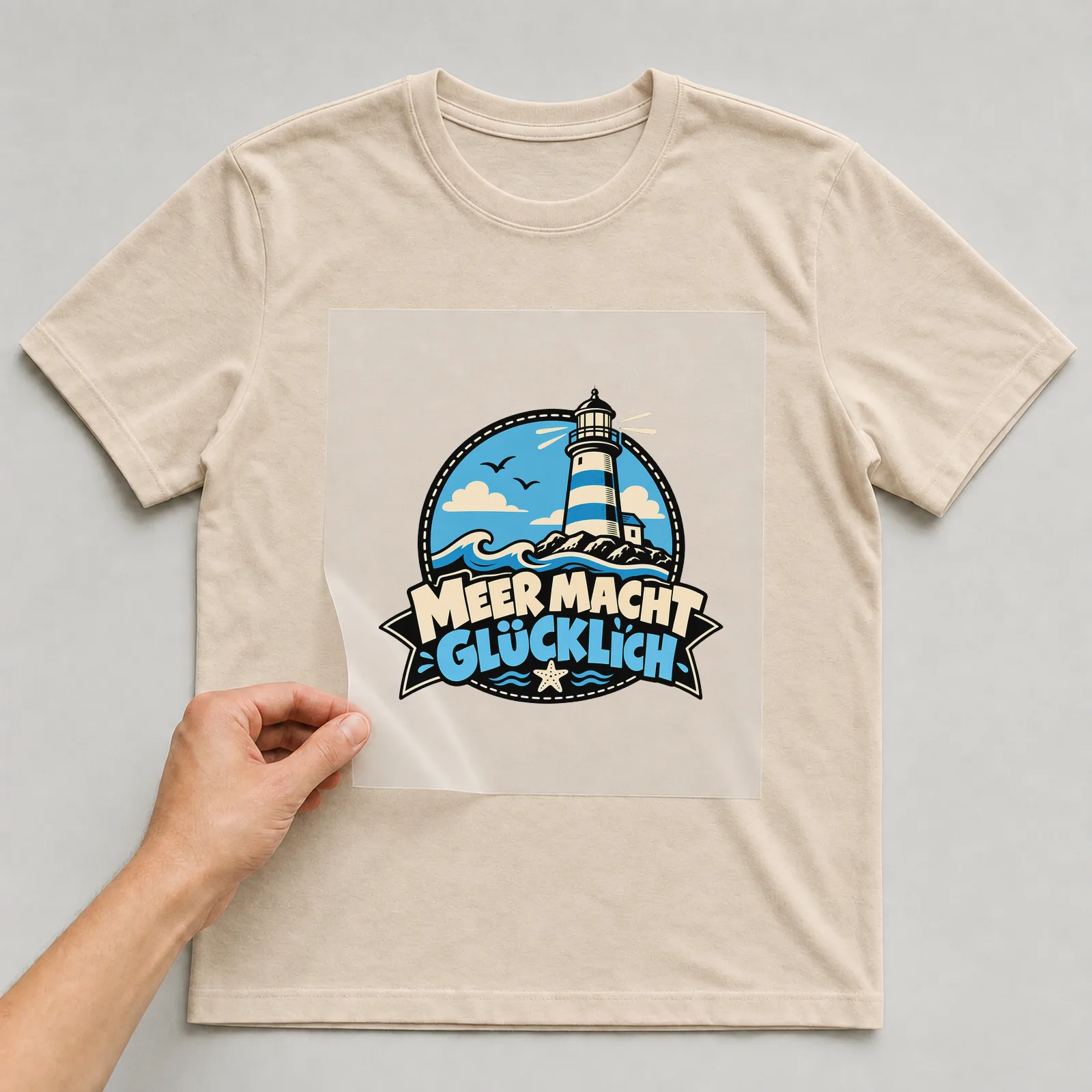 Bügelbild „Meer macht glücklich“ (Retro-Badge) auf beigem T-Shirt, Folie wird aufgelegt