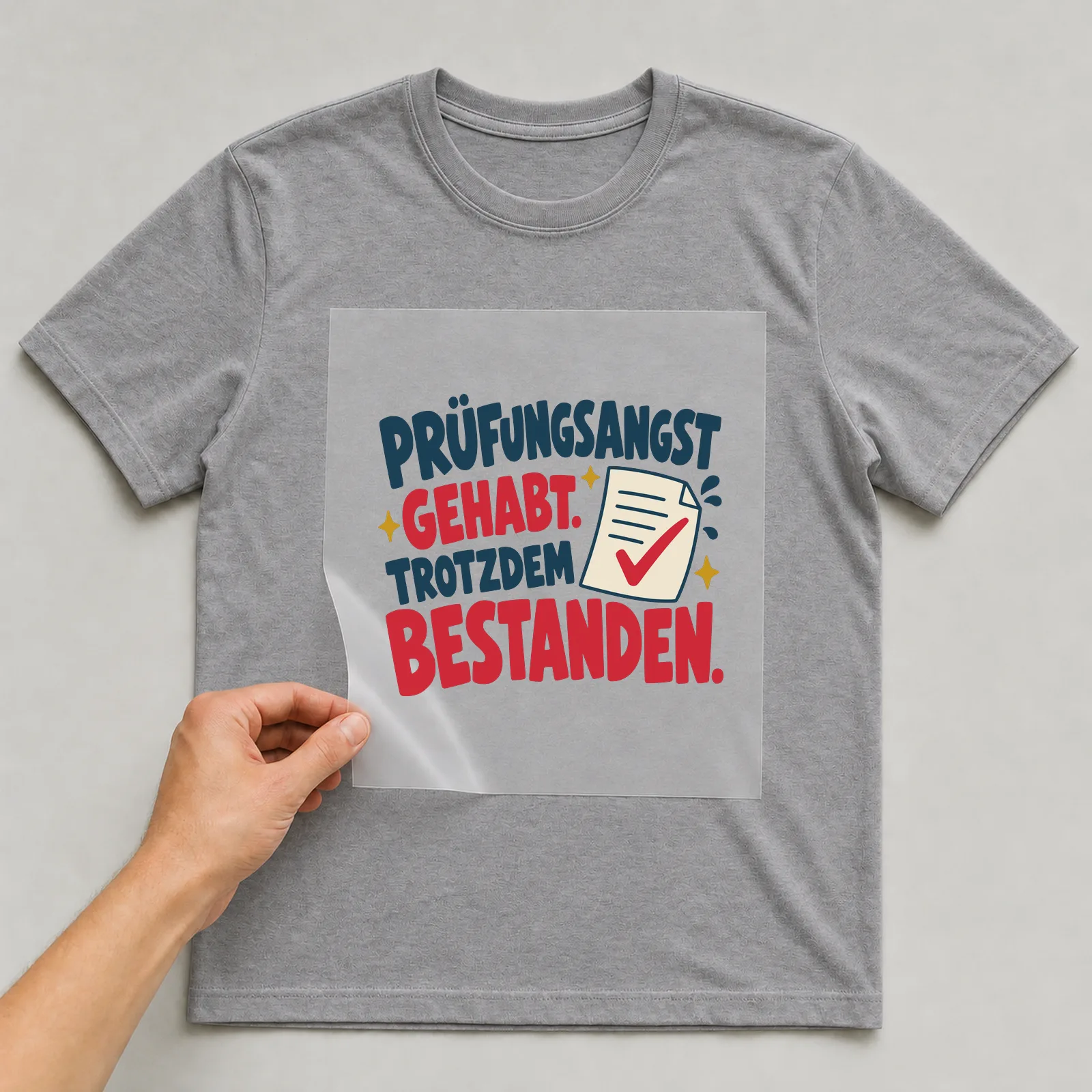Bügelbild Prüfungsangst gehabt. Trotzdem bestanden. auf grauem T-Shirt, Folie wird aufgelegt