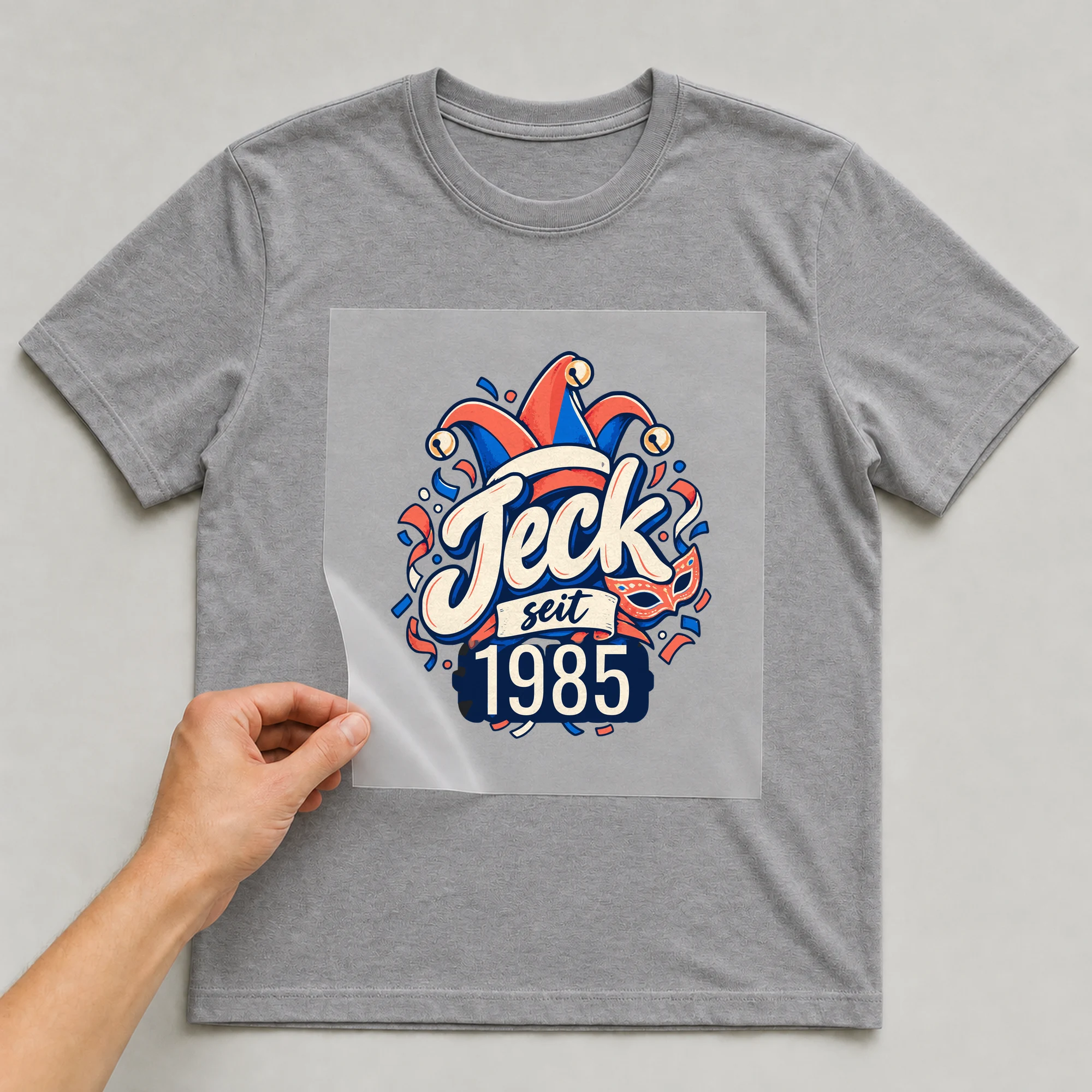 Bügelbild Jeck mit Jahr auf grauem T-Shirt, Folie wird aufgelegt