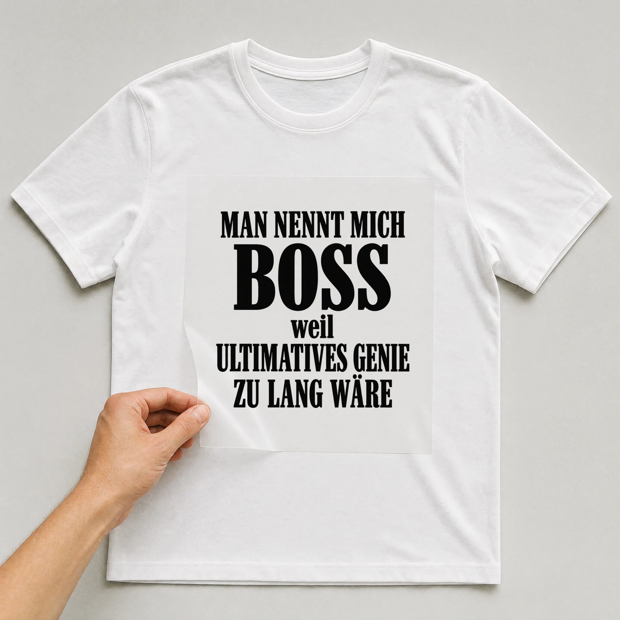 Bügelbild „Man nennt mich Boss, weil ultimatives Genie zu lang wäre“ auf weißem T-Shirt, Folie wird aufgelegt