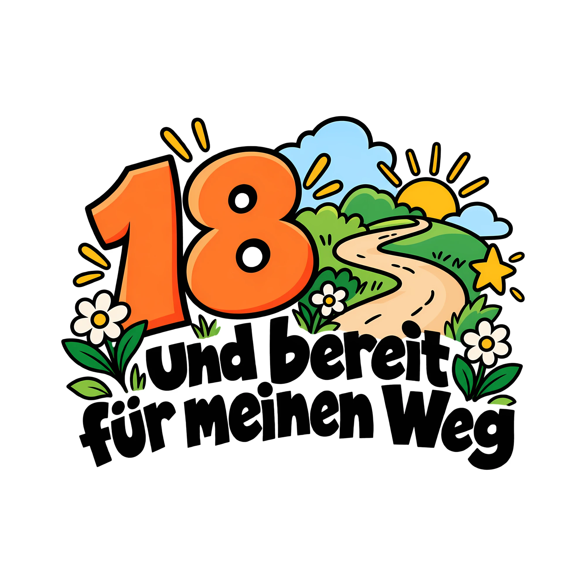 Bügelbild 18 und bereit für meinen Weg als Grafik auf weißem Hintergrund (BB012577)
