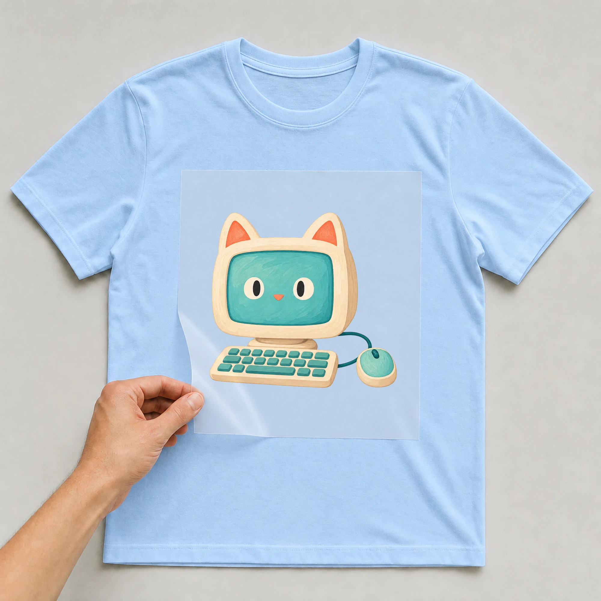 Bügelbild „Arbeitsmoral Gleicht Einer Katze“ auf babyblauem T-Shirt, Folie wird aufgelegt