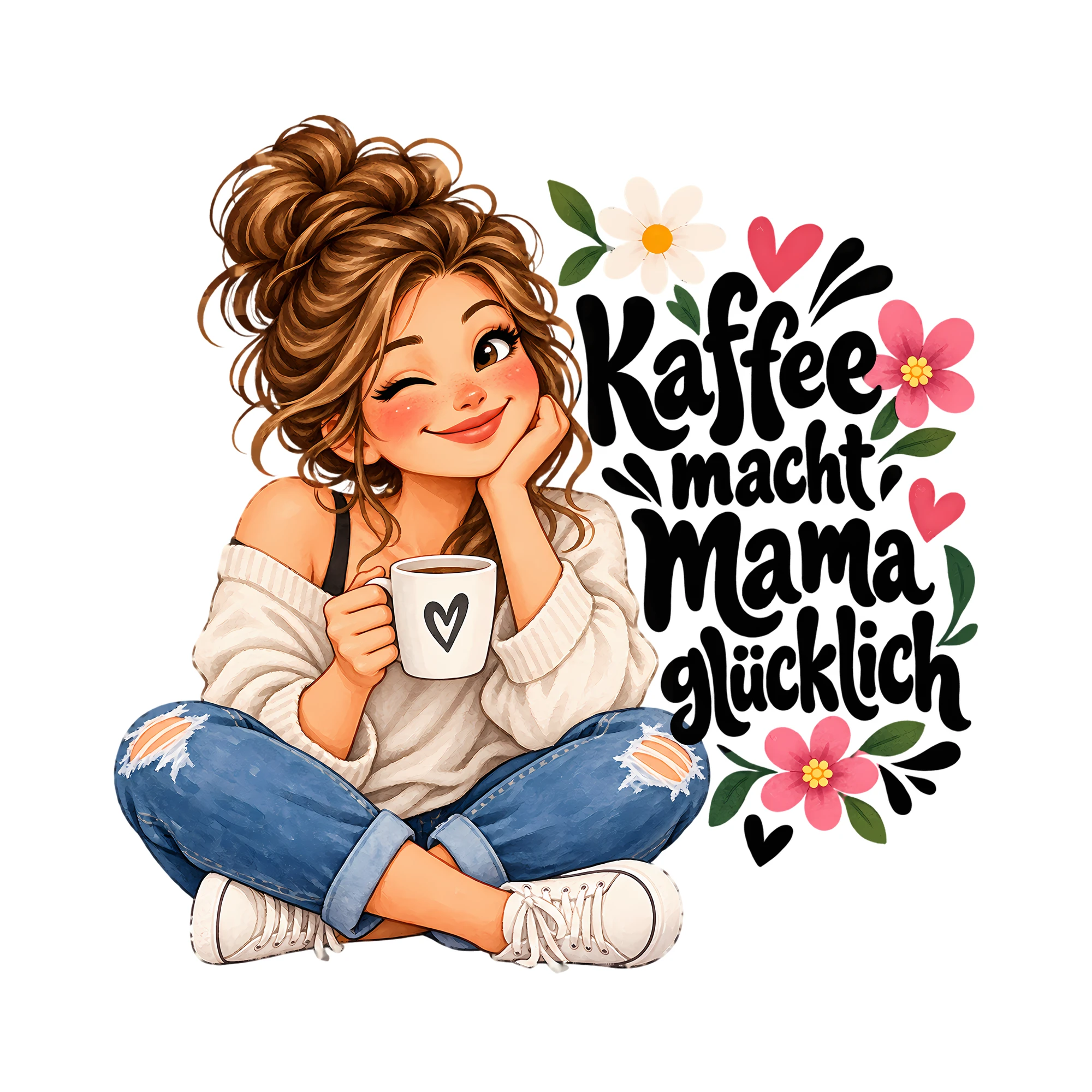 Bügelbild Kaffee macht Mama glücklich als Grafik auf weißem Hintergrund (BB012348)