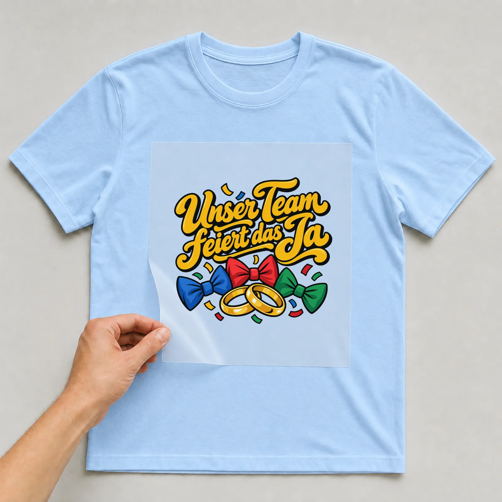 Bügelbild „Unser Team feiert das Ja“ auf hellblauem T-Shirt, Folie wird aufgelegt