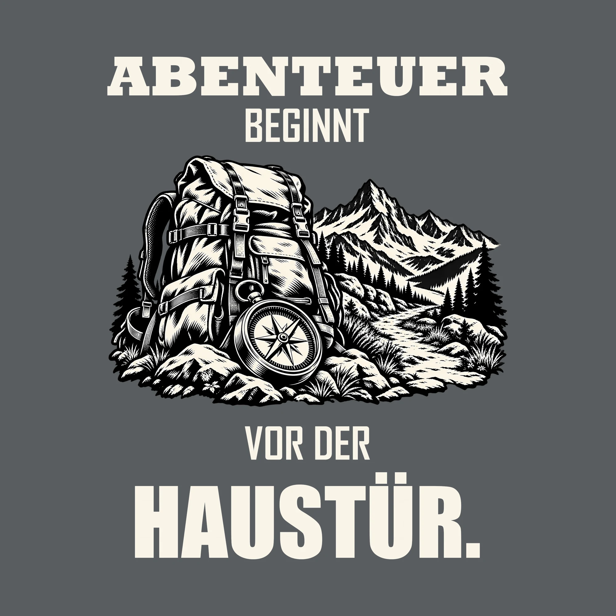 Bügelbild ABENTEUER BEGINNT VOR DER HAUSTÜR. als Grafik auf dunklem Hintergrund (BB013172)