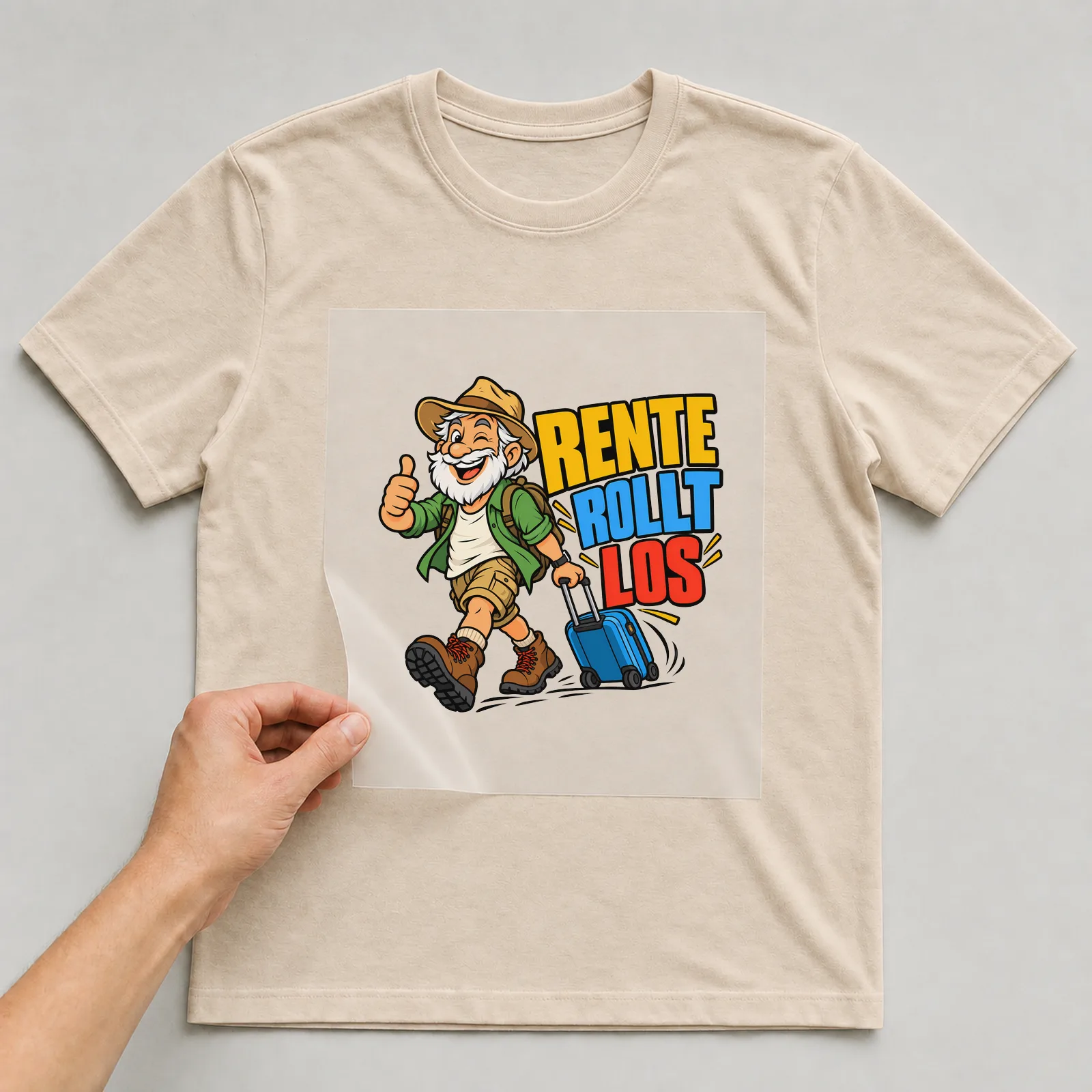 Bügelbild „Rente rollt los“ auf beigem T-Shirt, Folie wird aufgelegt