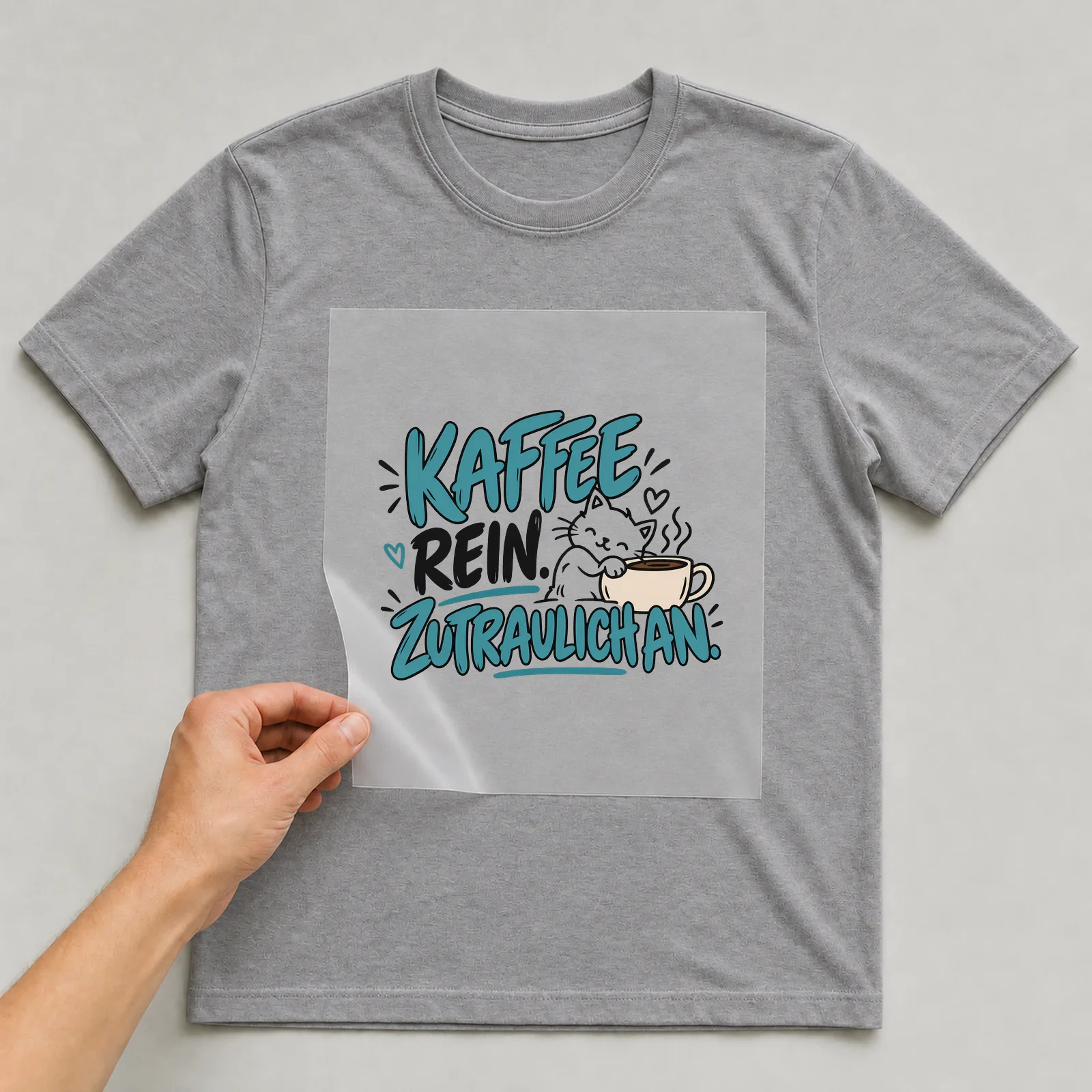 Bügelbild „Kaffee rein. Zutraulich an.“ auf grauem T-Shirt, Folie wird aufgelegt