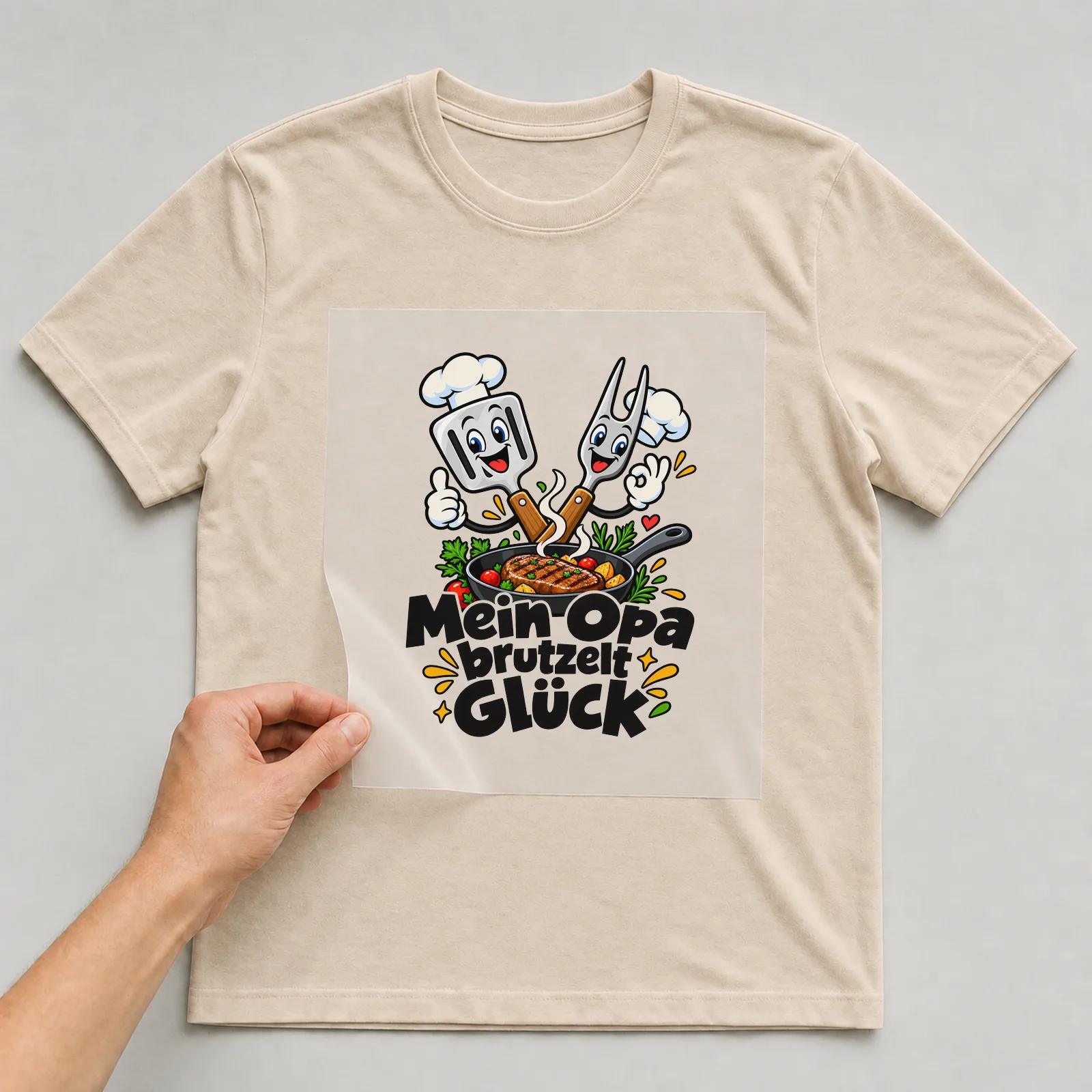 Bügelbild „Mein Opa brutzelt Glück“ auf beigem T-Shirt, Folie wird aufgelegt