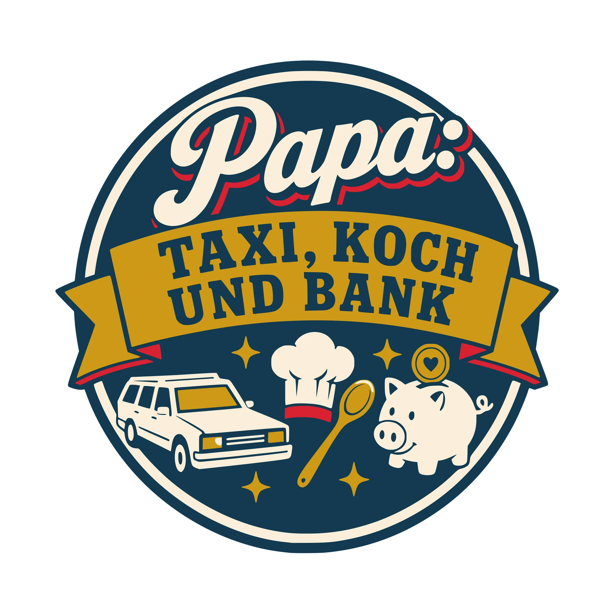 Bügelbild Papa: Taxi, Koch und Bank als Grafik auf weißem Hintergrund (BB010408)
