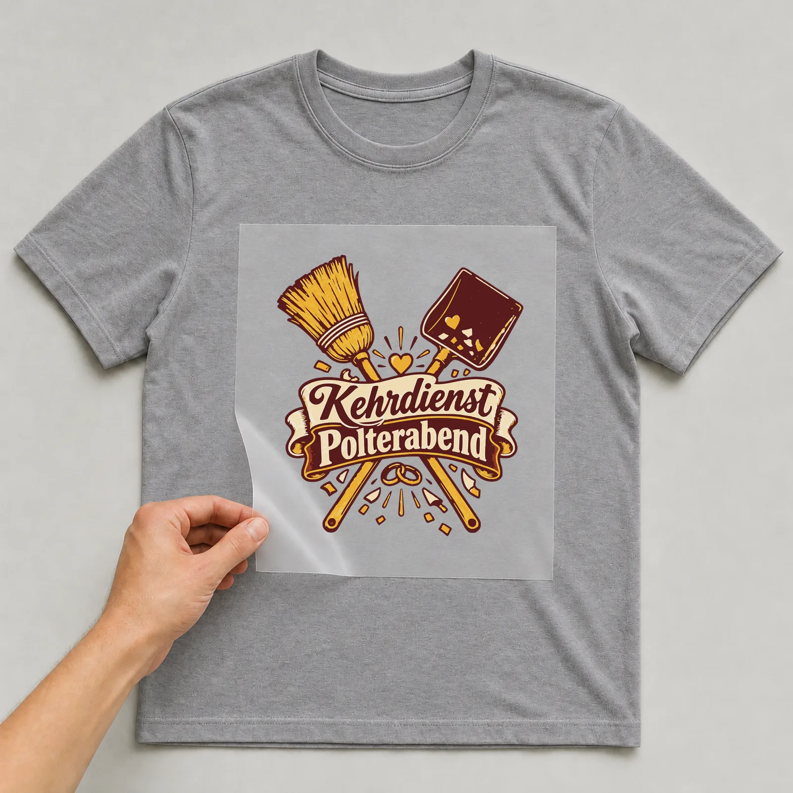 Bügelbild Kehrdienst Polterabend auf grauem T-Shirt, Folie wird aufgelegt