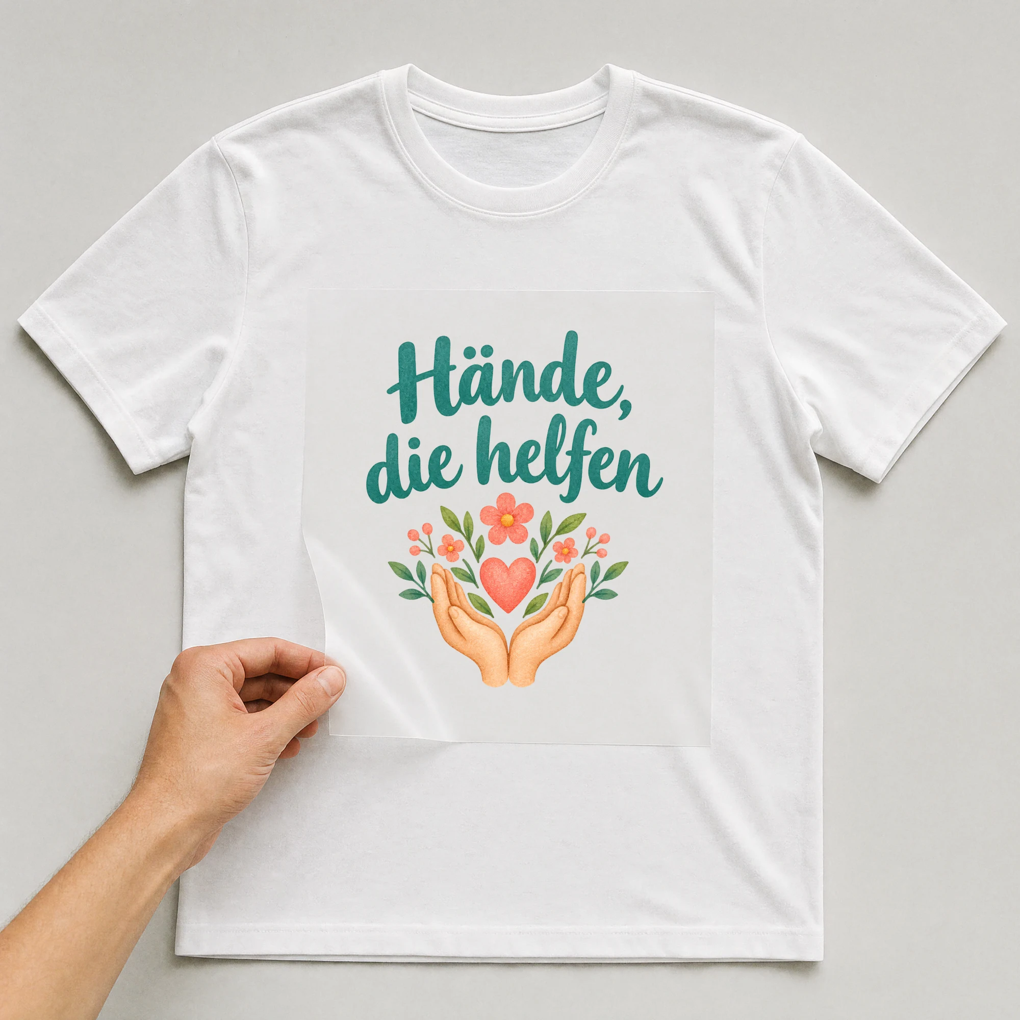 Bügelbild „Hände, die helfen“ auf weißem T-Shirt, Folie wird aufgelegt