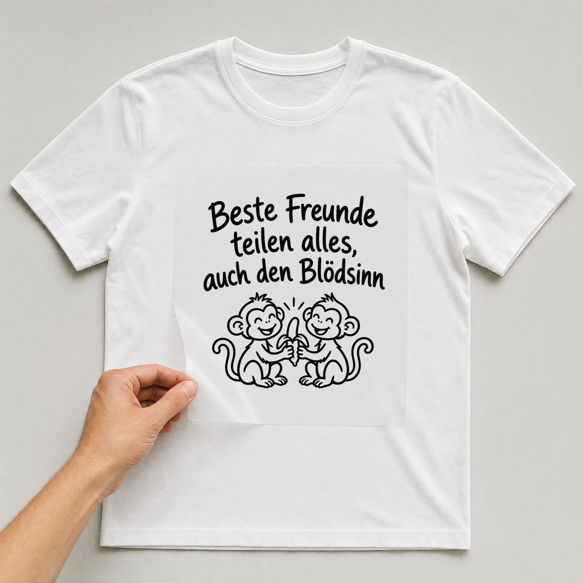 Bügelbild „Beste Freunde teilen alles, auch den Blödsinn“ auf weißem T-Shirt, Folie wird aufgelegt