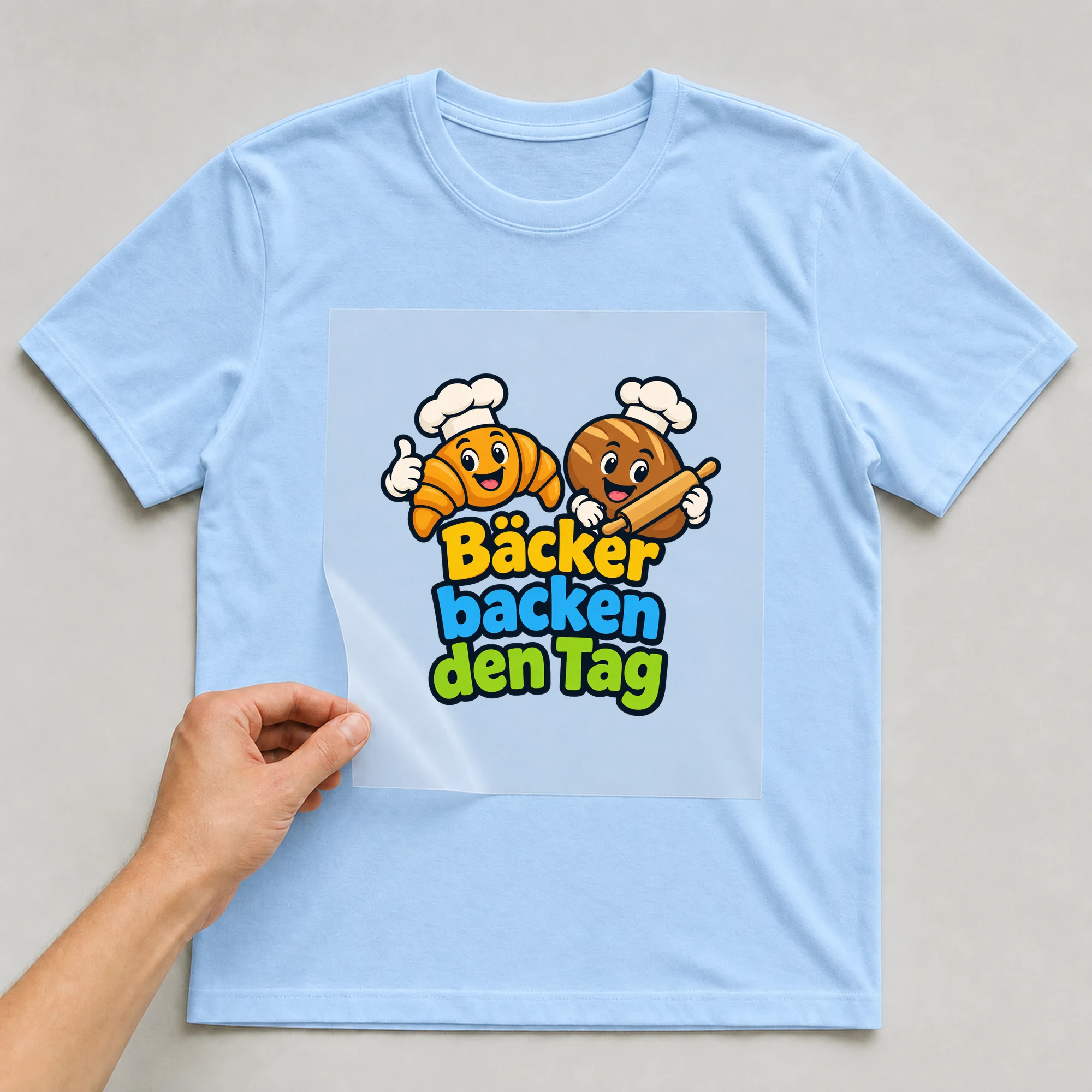 Bügelbild „Bäcker backen den Tag“ auf babyblauem T-Shirt, Folie wird aufgelegt