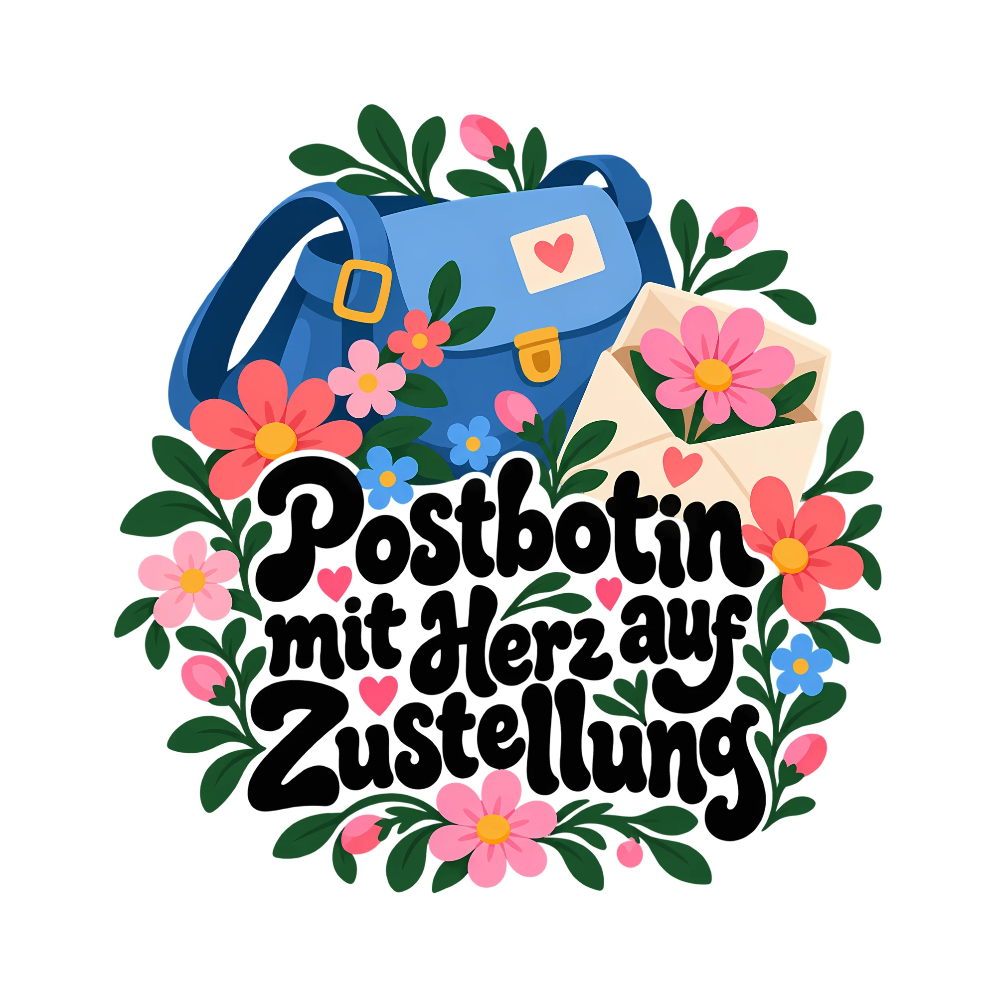 Bügelbild Postbotin mit Herz auf Zustellung als Grafik auf weißem Hintergrund (BB013589)