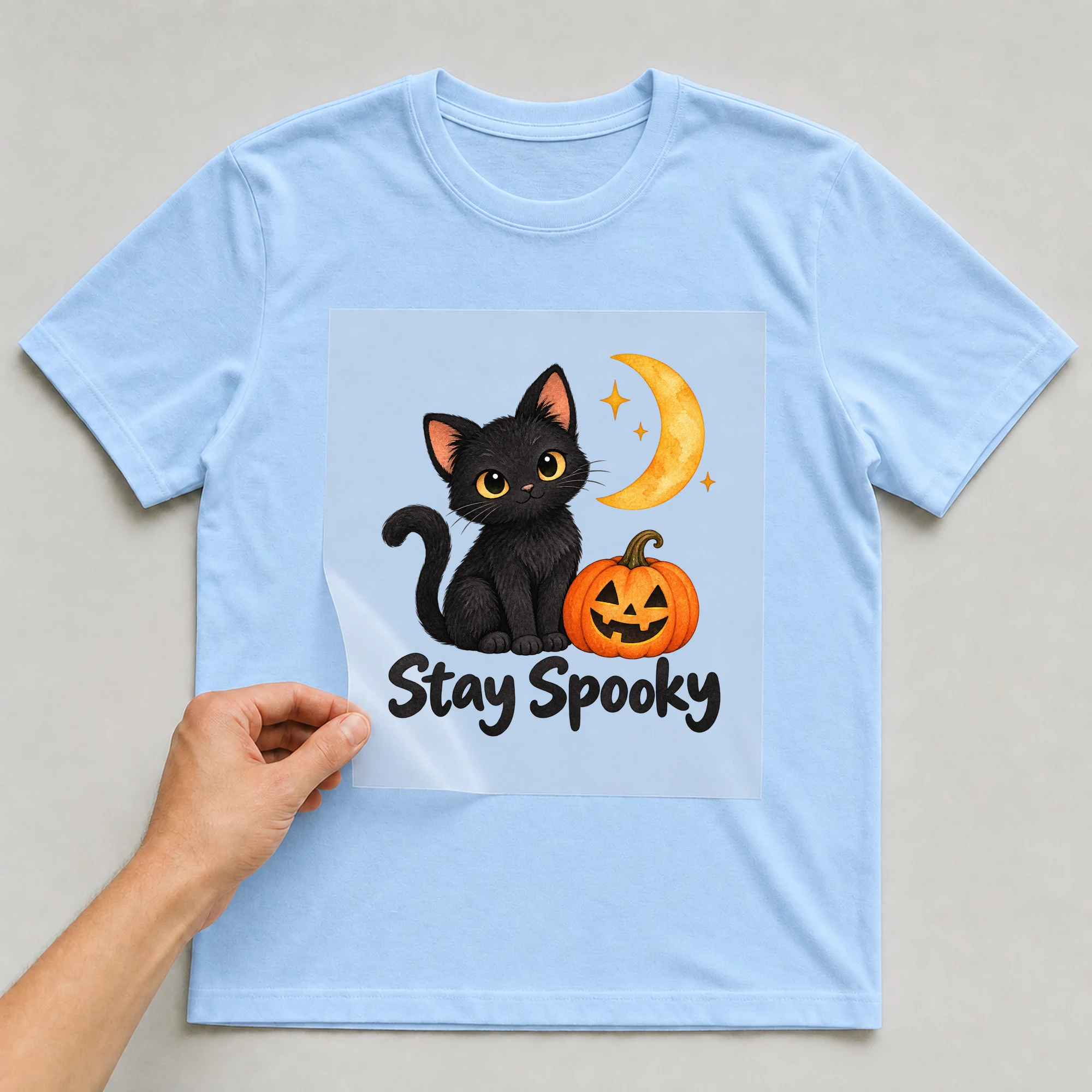 Bügelbild „Stay Spooky“ auf babyblauem T-Shirt, Folie wird aufgelegt