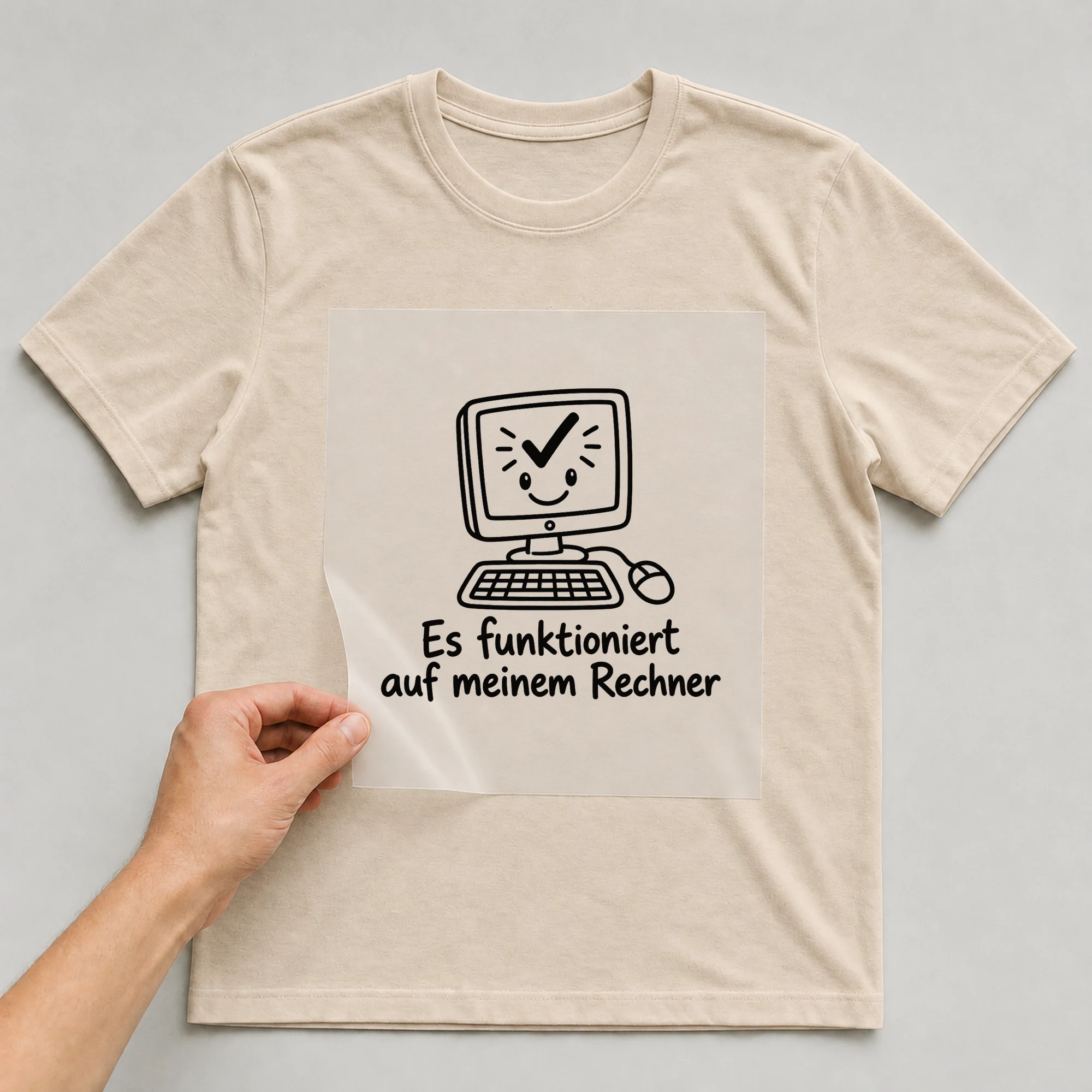 Bügelbild „Es funktioniert auf meinem Rechner“ auf beigem T-Shirt, Folie wird aufgelegt