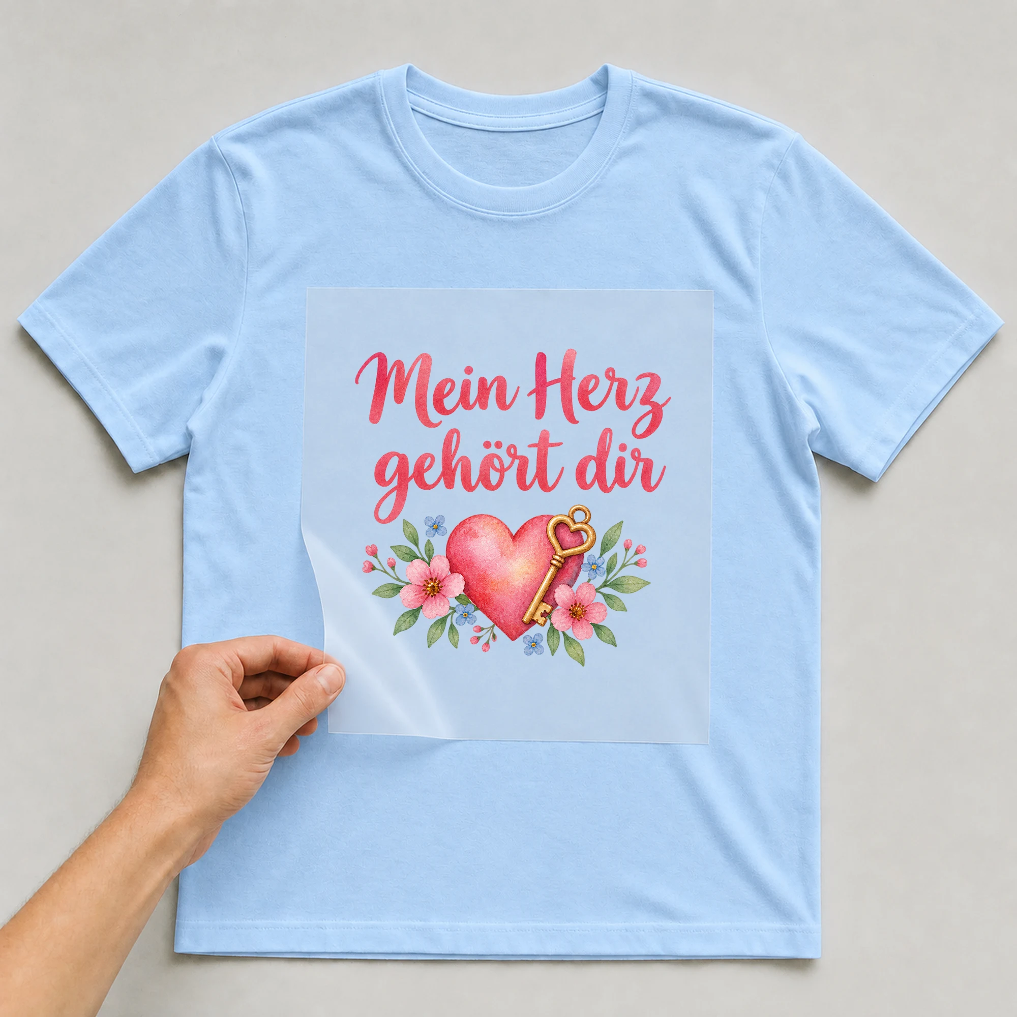 Bügelbild „Mein Herz gehört dir“ auf babyblauem T-Shirt, Folie wird aufgelegt