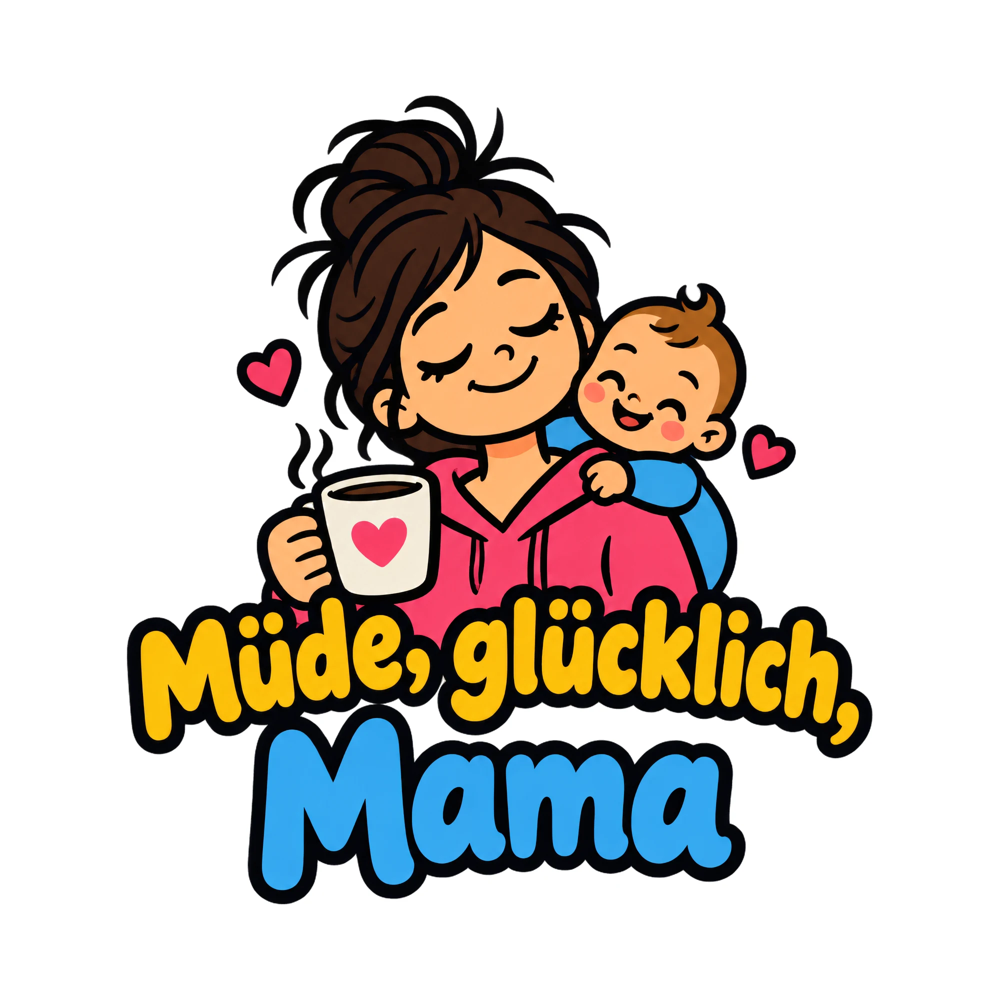 Bügelbild Müde, glücklich, Mama als Grafik auf weißem Hintergrund (BB019177)