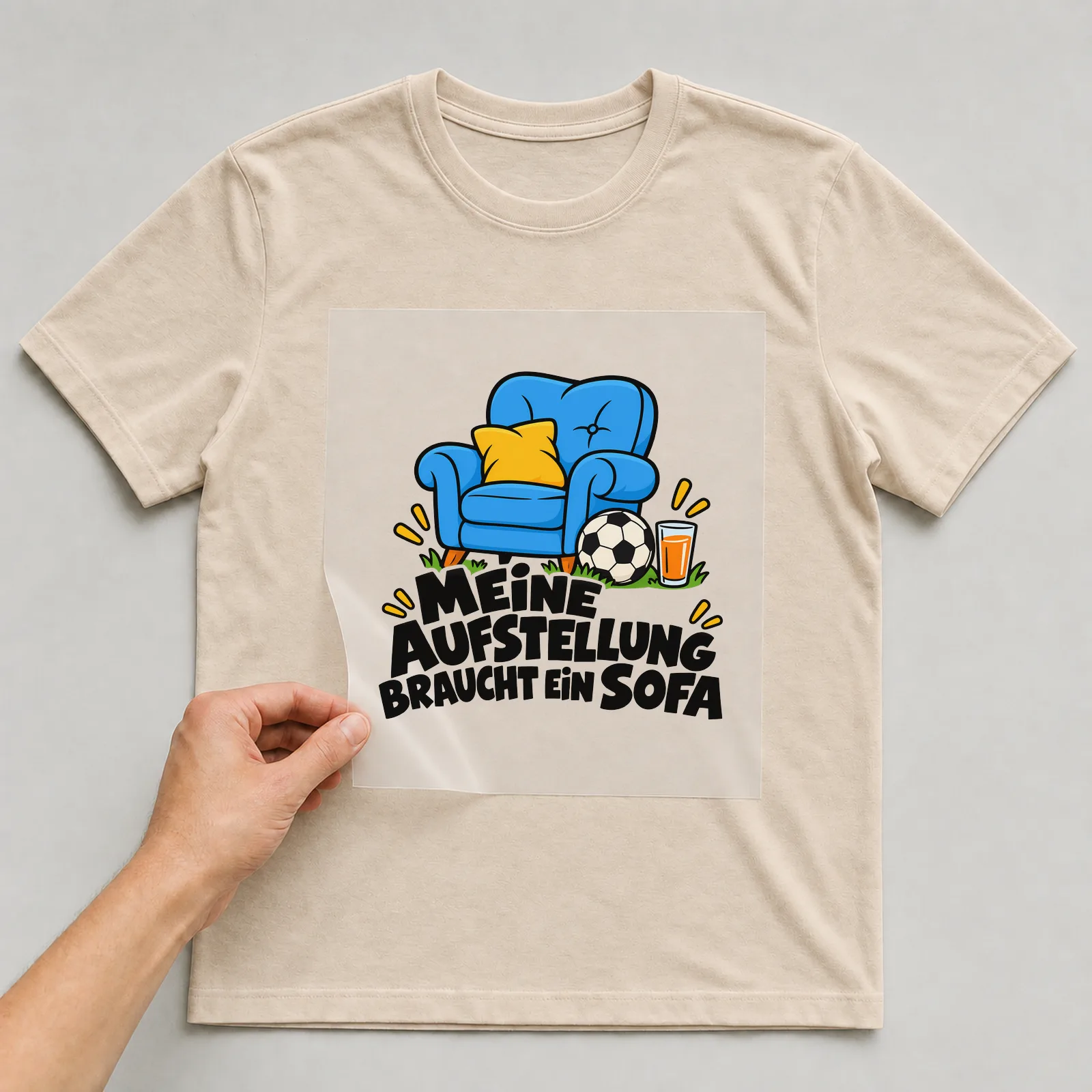 Bügelbild „Meine Aufstellung braucht ein Sofa“ auf beigem T-Shirt, Folie wird aufgelegt