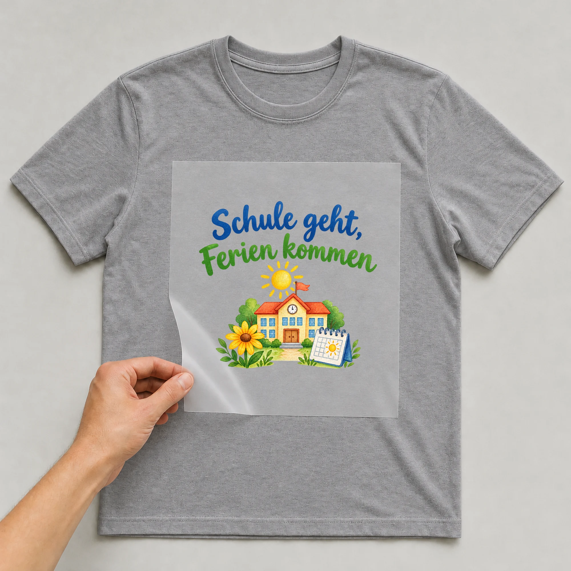 Bügelbild „Schule geht, Ferien kommen“ auf grauem T-Shirt, Folie wird aufgelegt