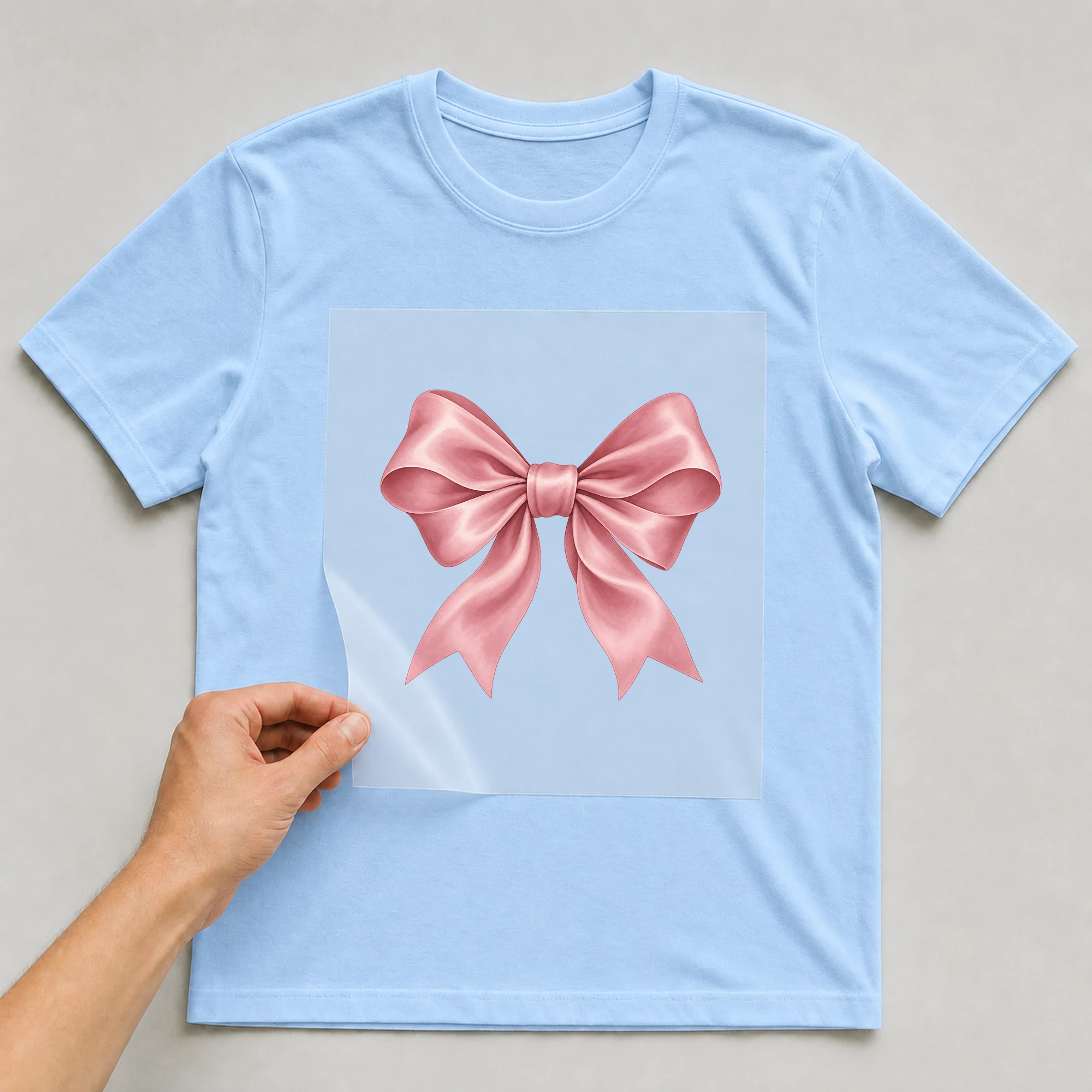 Bügelbild „Schleife (rosa)“ auf babyblauem T-Shirt, Folie wird aufgelegt