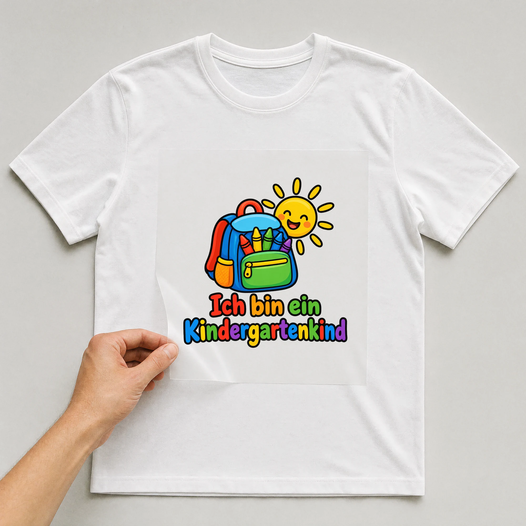 Bügelbild „Ich bin ein Kindergartenkind“ auf weißem T-Shirt, Folie wird aufgelegt