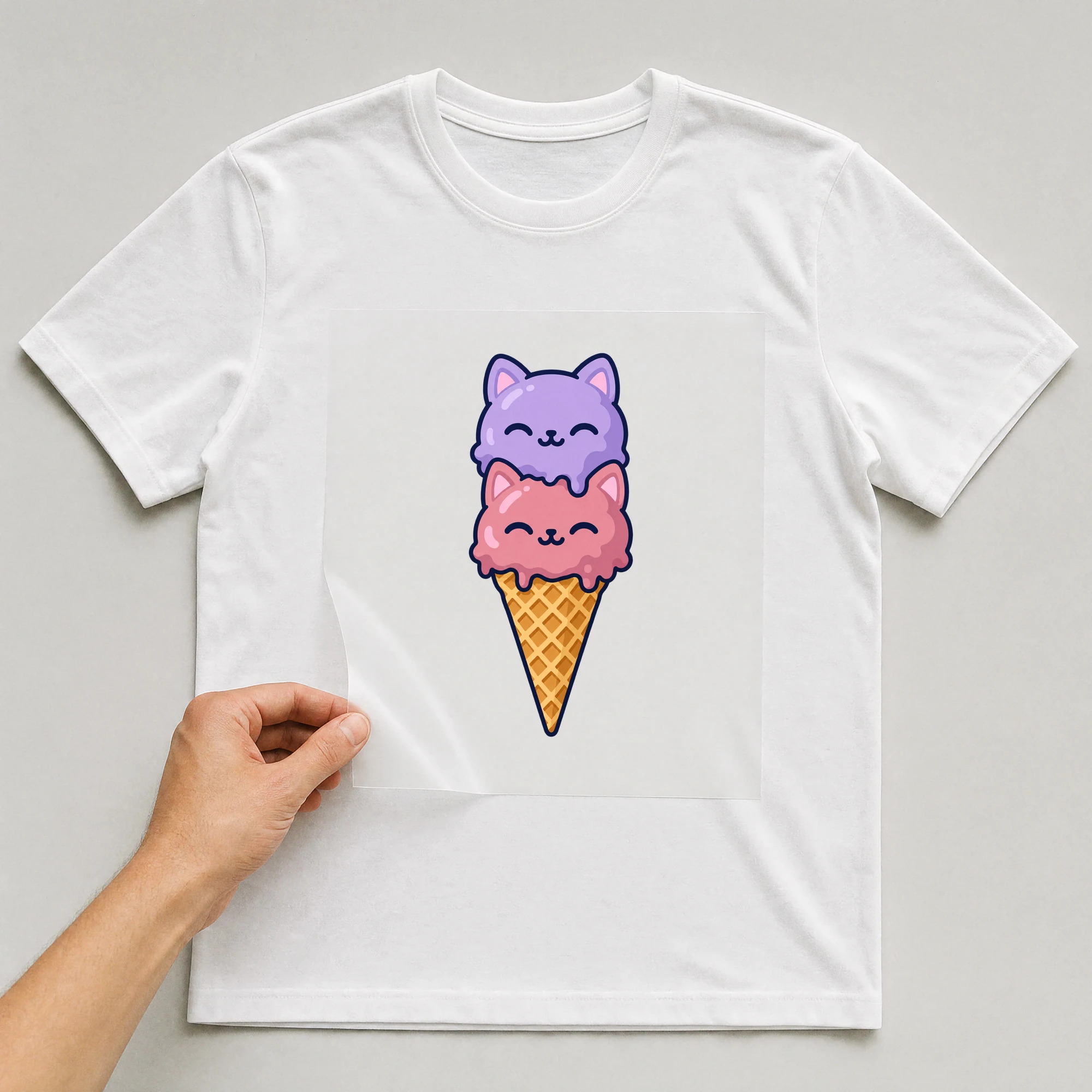 Bügelbild „Katzen Eis“ auf weißem T-Shirt, Folie wird aufgelegt