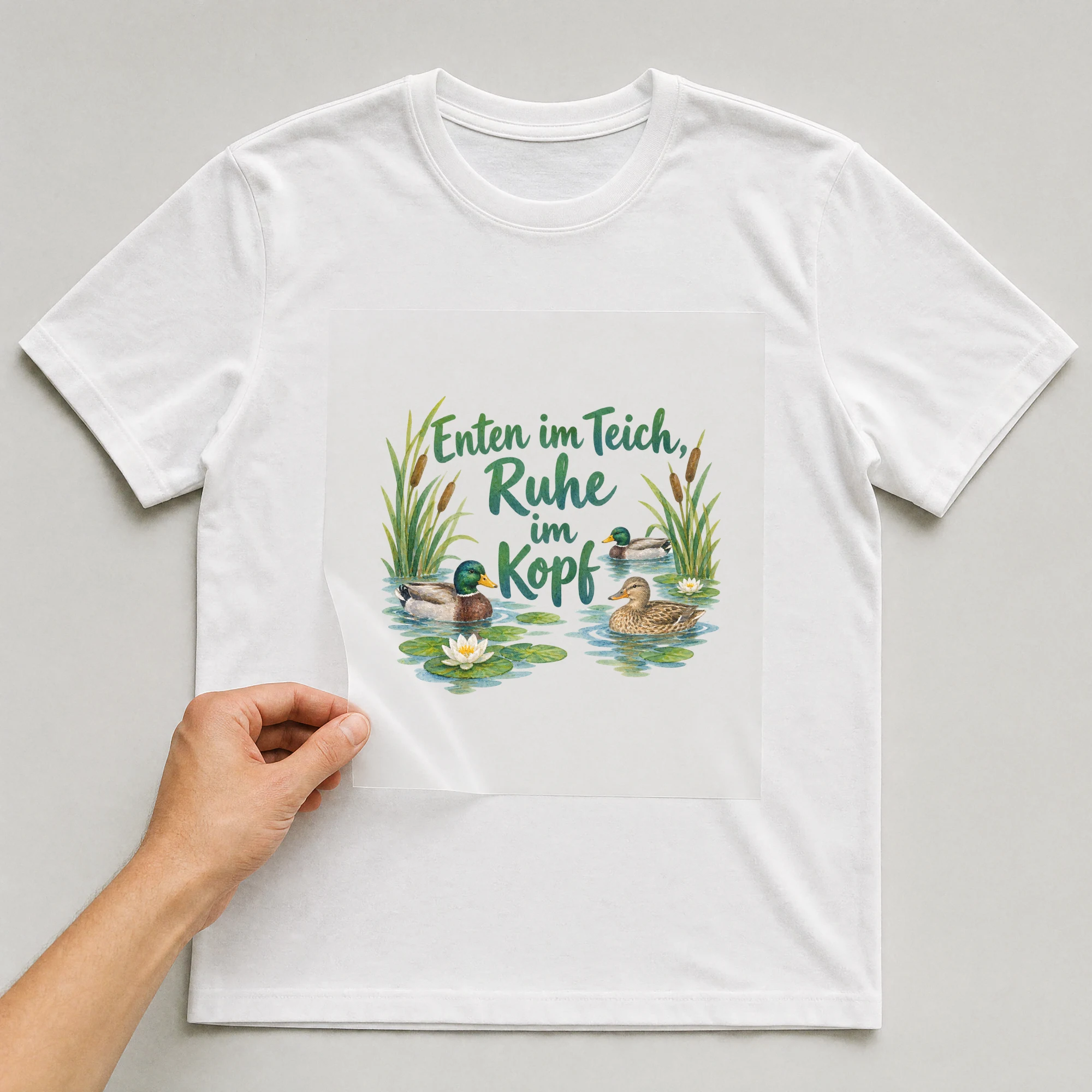 Bügelbild „Enten im Teich, Ruhe im Kopf“ auf weißem T-Shirt, Folie wird aufgelegt
