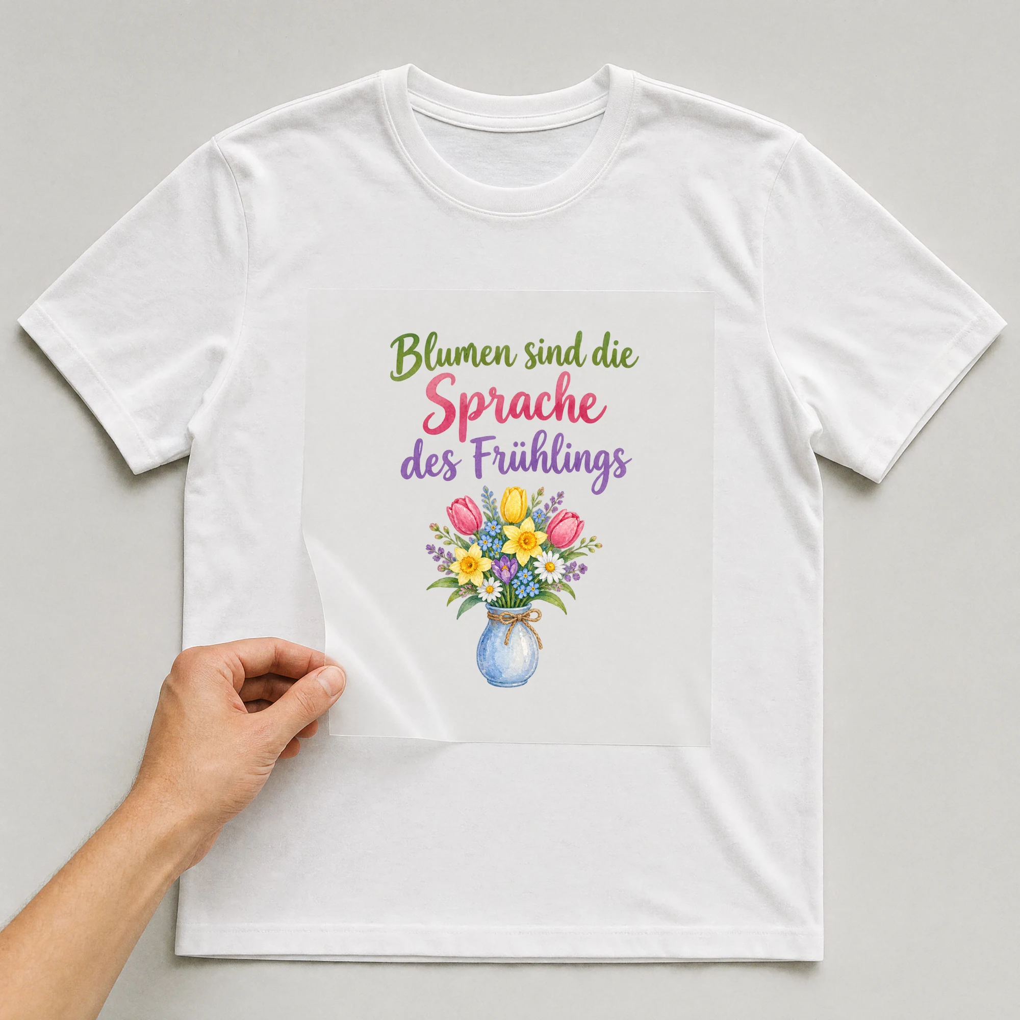 Bügelbild „Blumen sind die Sprache des Frühlings“ auf weißem T-Shirt, Folie wird aufgelegt