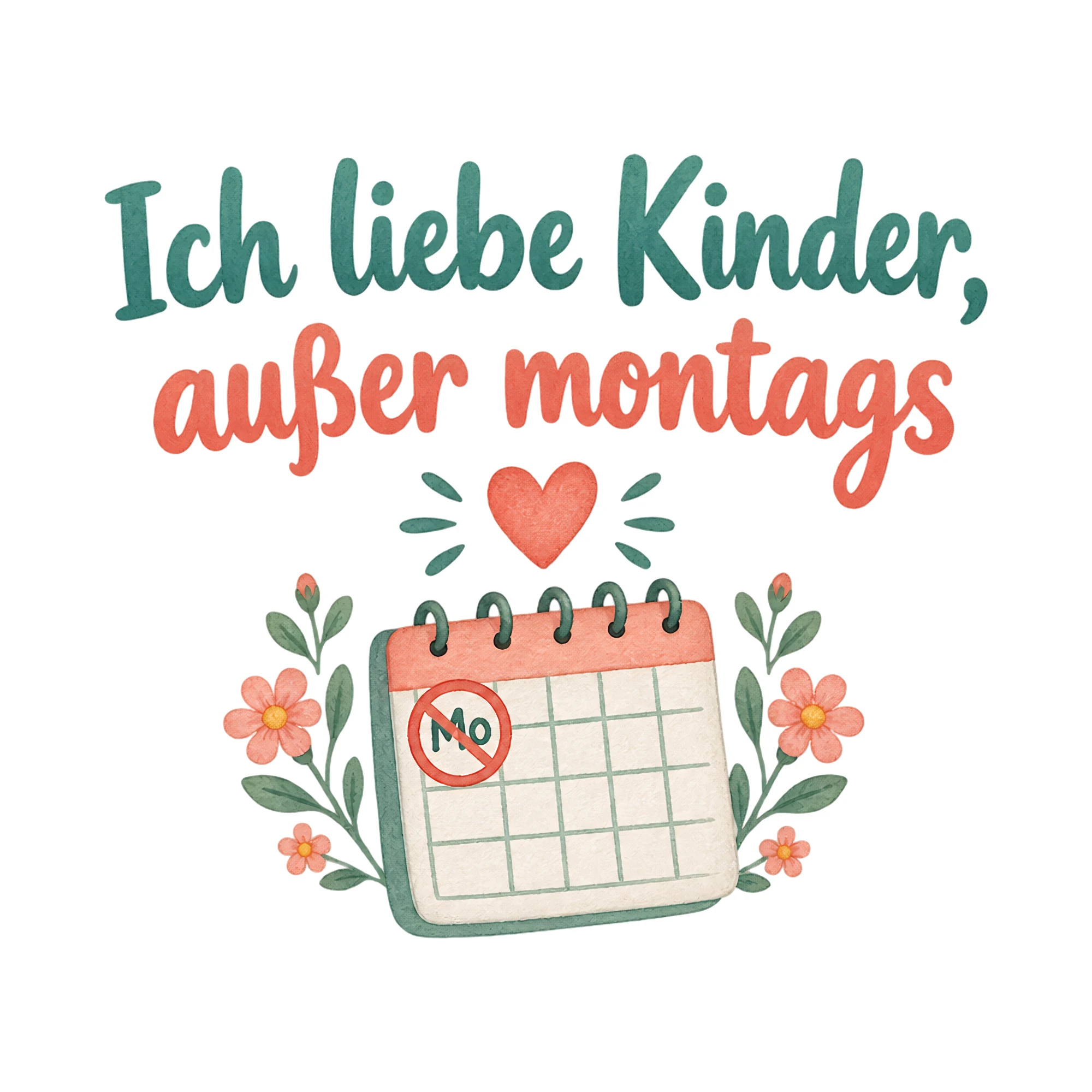 Bügelbild Ich liebe Kinder, außer montags als Grafik auf weißem Hintergrund (BB020349)