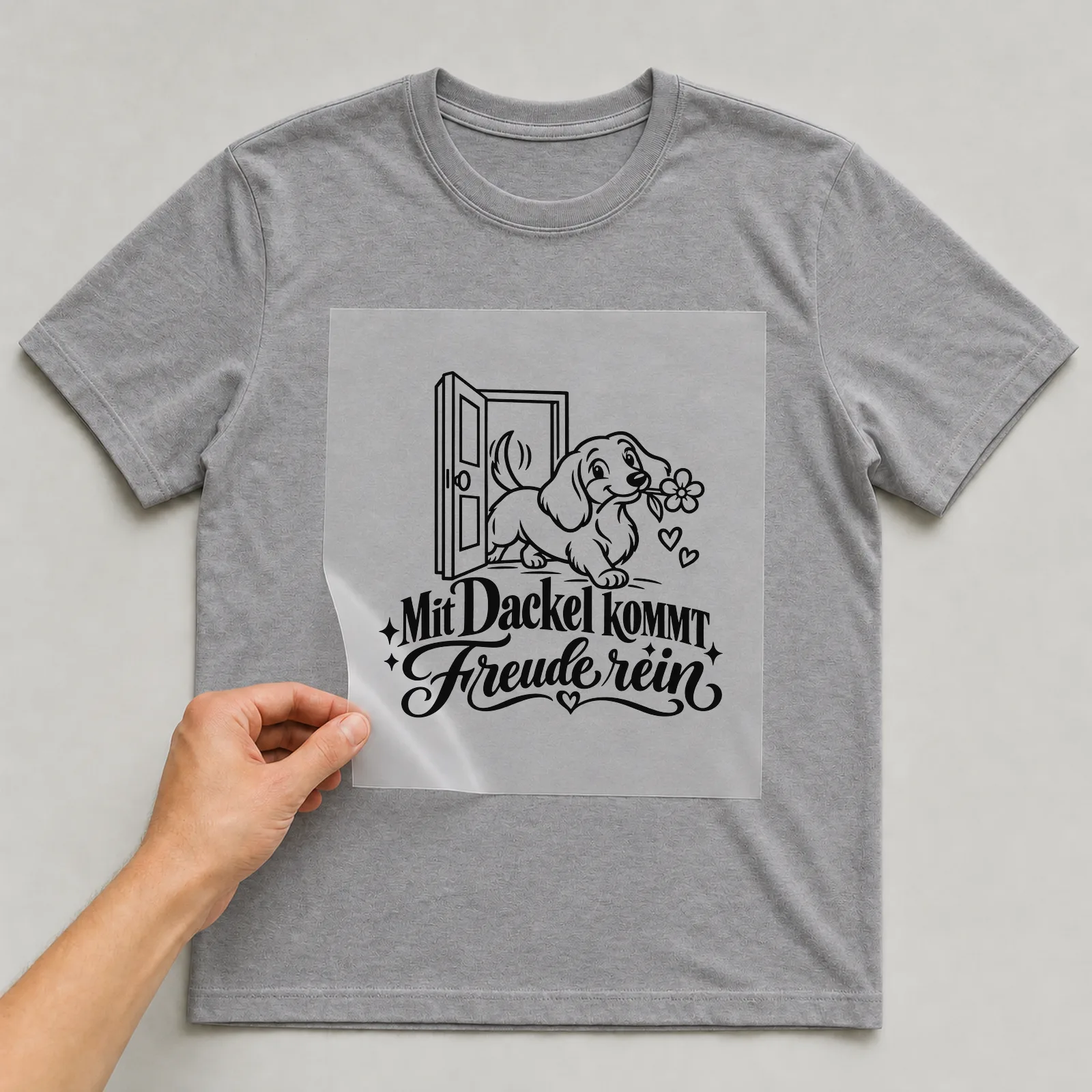 Bügelbild „Mit Dackel kommt Freude rein“ auf grauem T-Shirt, Folie wird aufgelegt