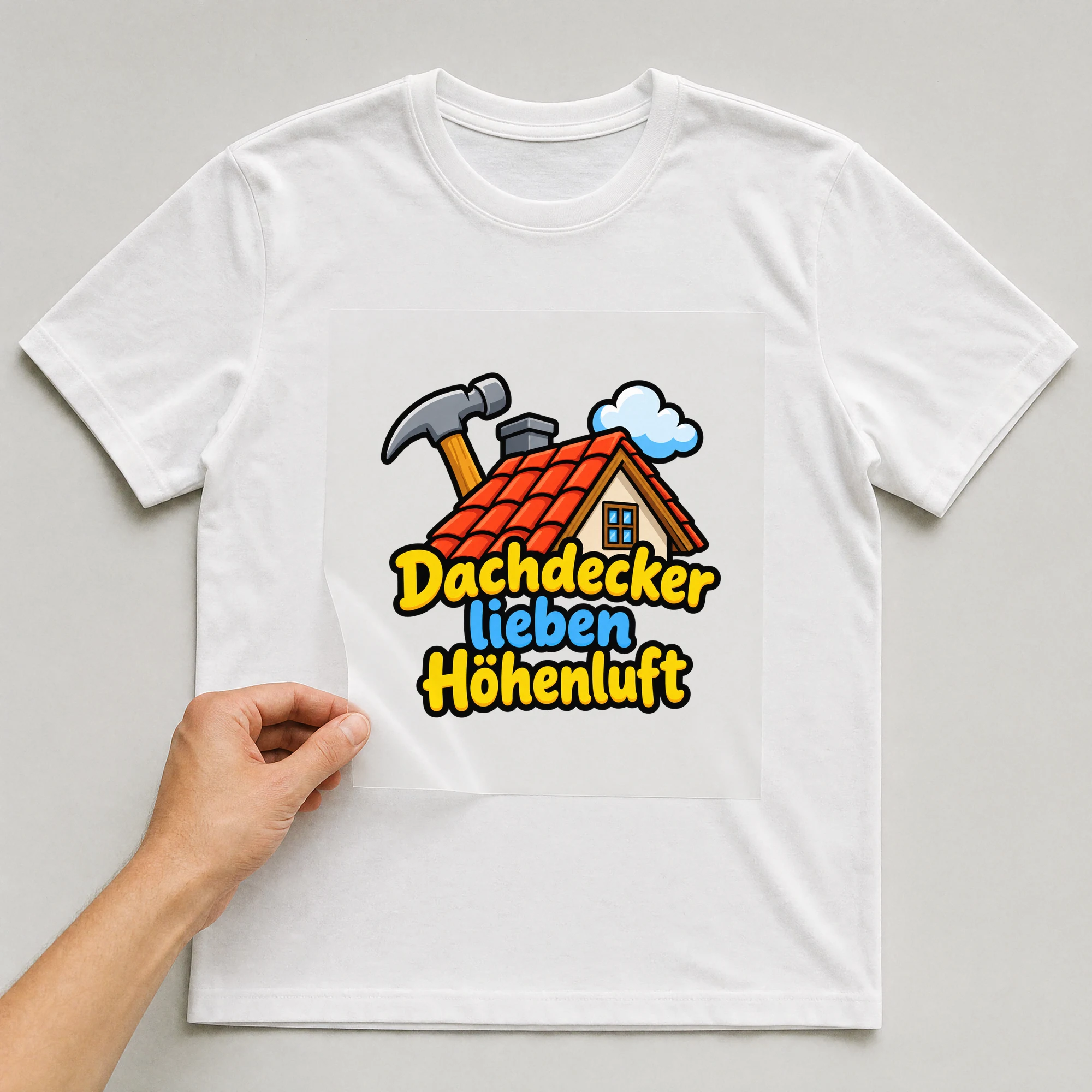 Bügelbild „Dachdecker lieben Höhenluft“ auf weißem T-Shirt, Folie wird aufgelegt