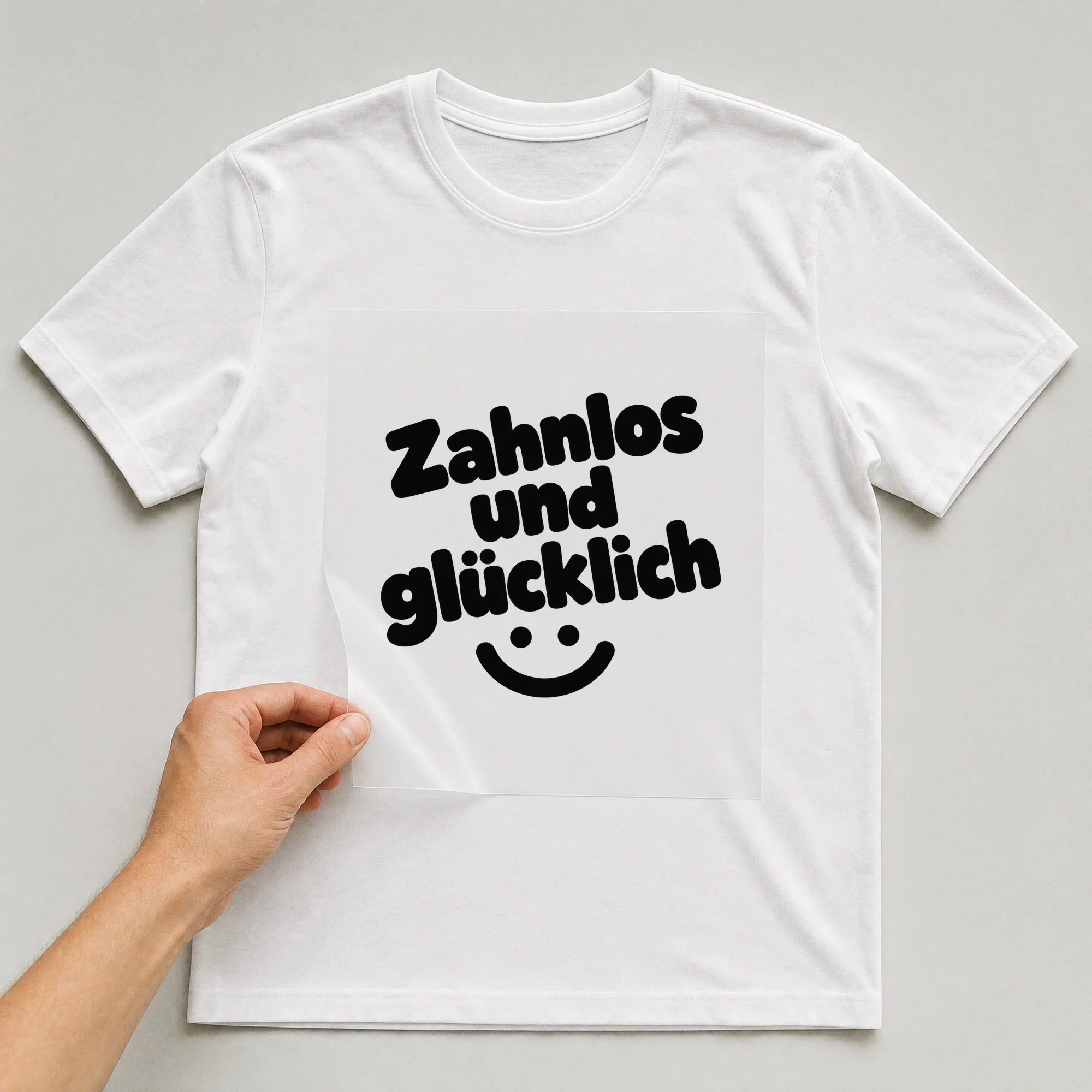 Bügelbild „Zahnlos und glücklich“ auf weißem T-Shirt, Folie wird aufgelegt