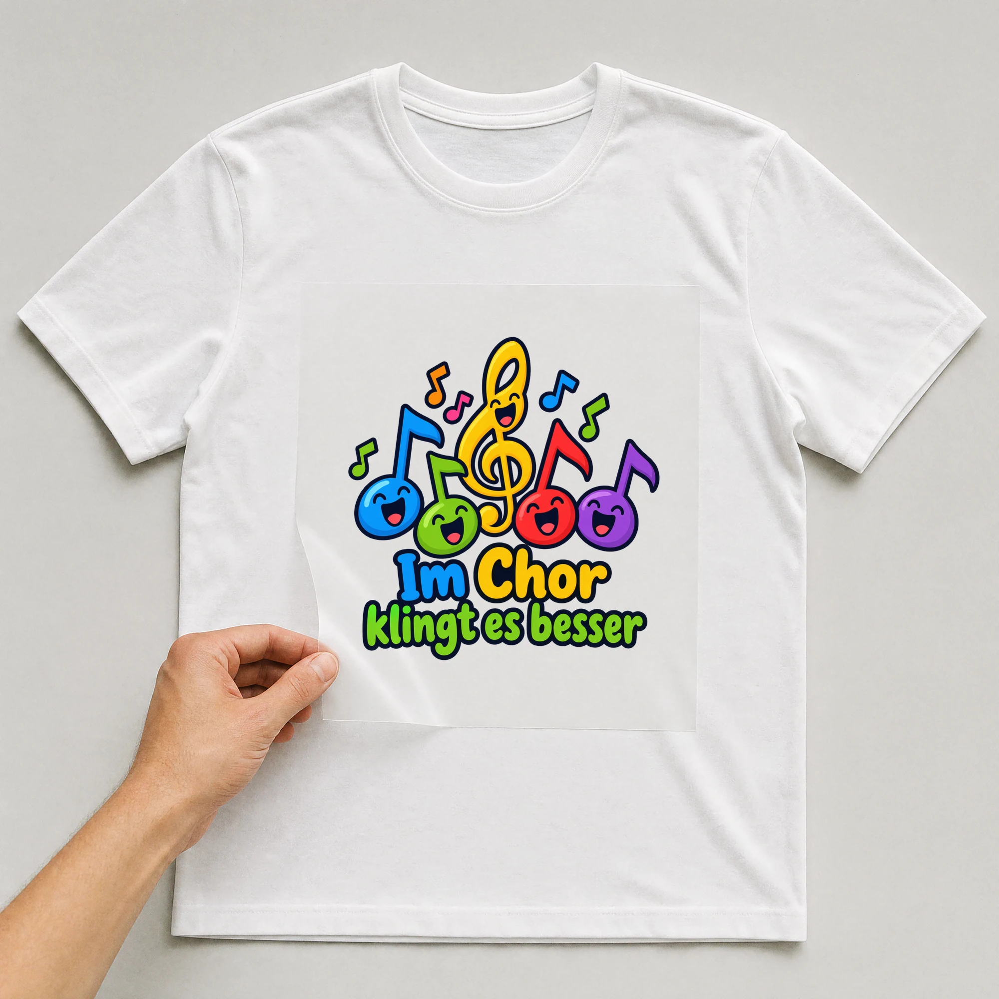 Bügelbild „Im Chor klingt es besser“ auf weißem T-Shirt, Folie wird aufgelegt