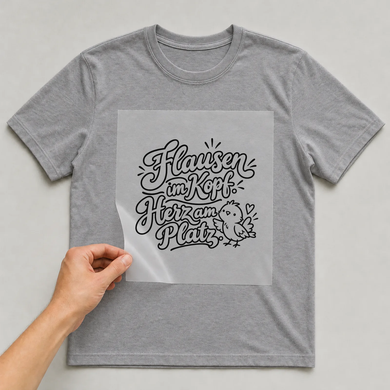 Bügelbild „Flausen im Kopf. Herz am Platz.“ auf grauem T-Shirt, Folie wird aufgelegt