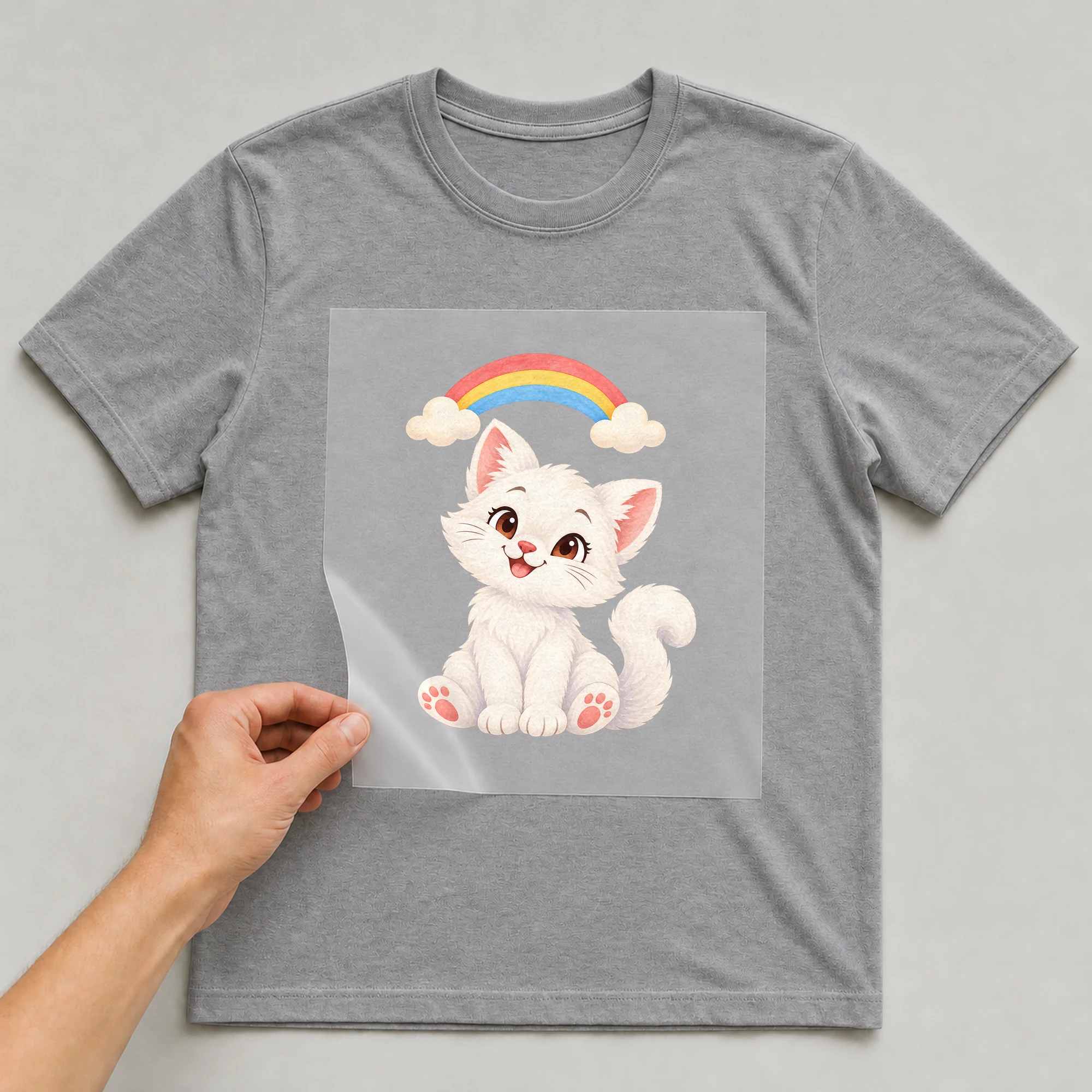 Bügelbild „Magic Rainbow Cat“ auf grauem T-Shirt, Folie wird aufgelegt