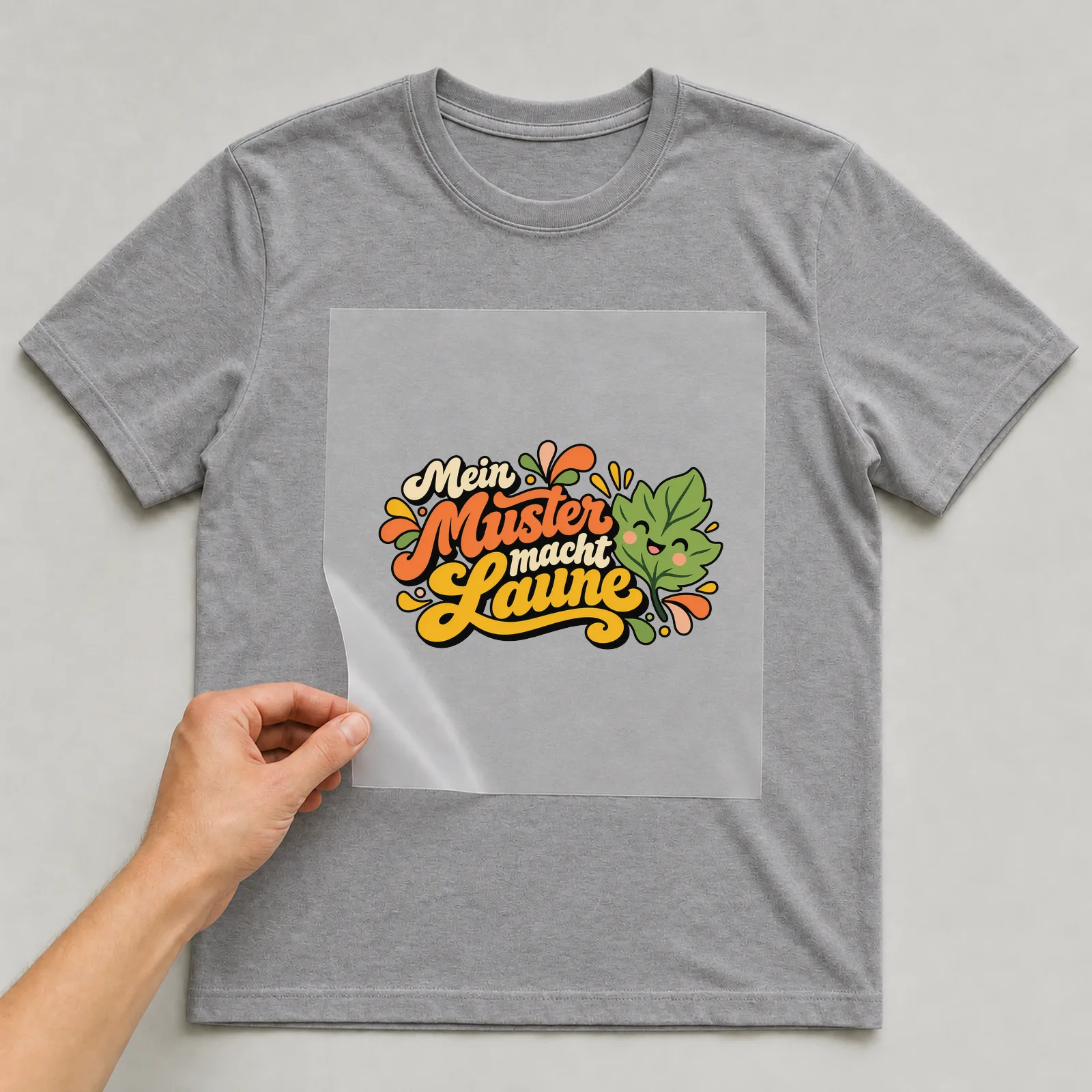 Bügelbild „Mein Muster macht Laune“ auf grauem T-Shirt, Folie wird aufgelegt