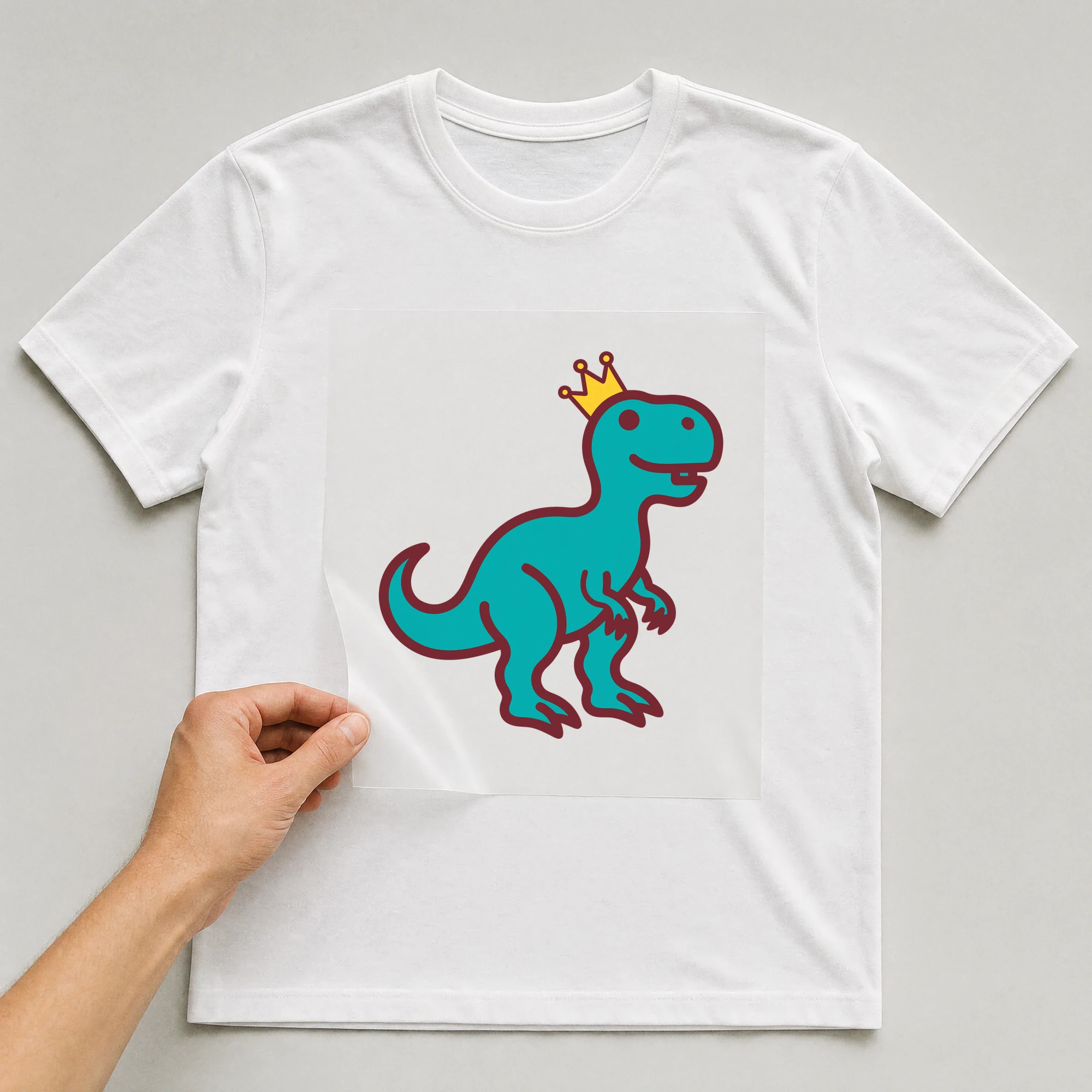 Bügelbild „Dino mit Krone“ auf weißem T-Shirt, Folie wird aufgelegt