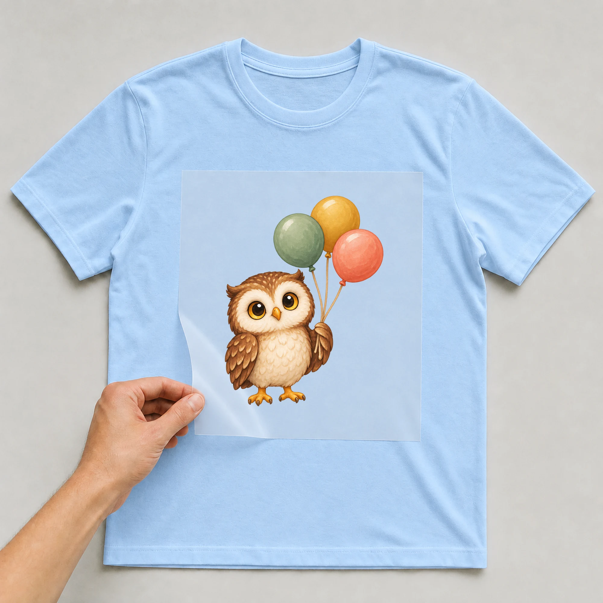 Bügelbild „Eule mit Luftballons“ auf babyblauem T-Shirt, Folie wird aufgelegt
