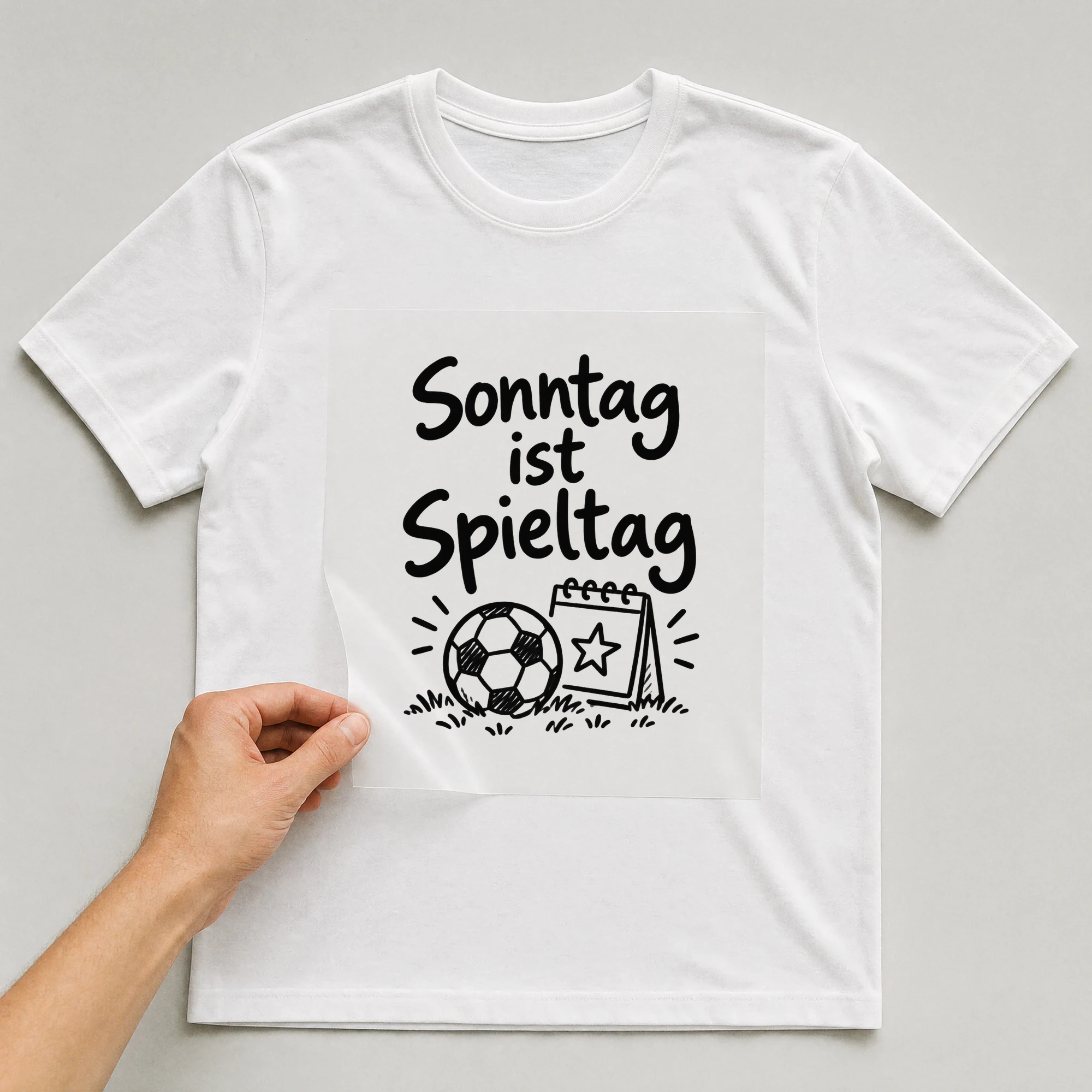 Bügelbild „Sonntag ist Spieltag“ auf weißem T-Shirt, Folie wird aufgelegt