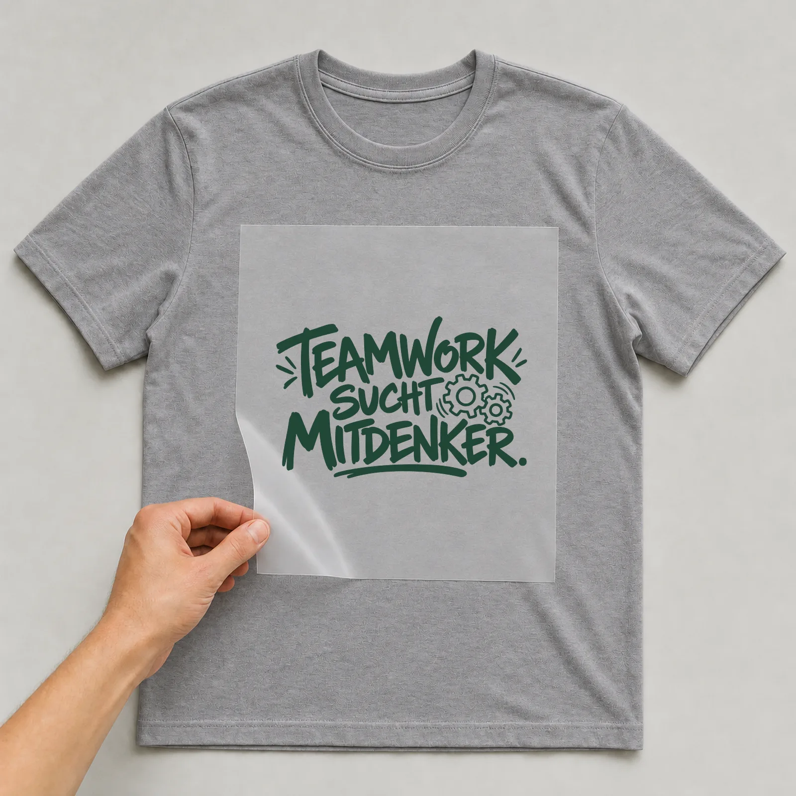 Bügelbild „Teamwork sucht Mitdenker“ auf grauem T-Shirt, Folie wird aufgelegt