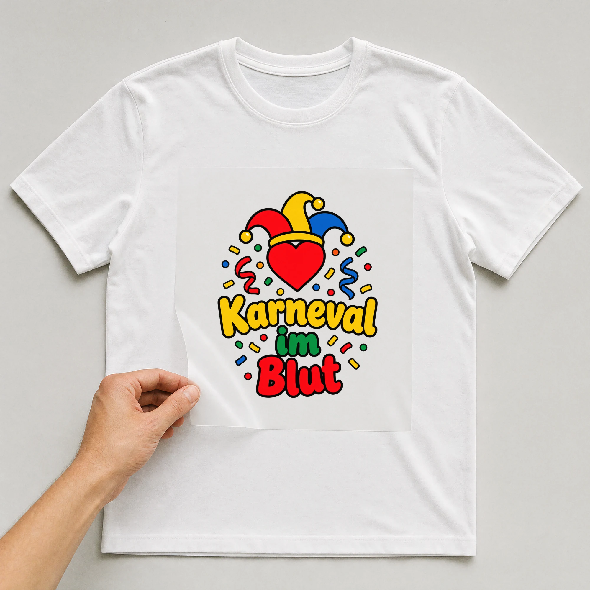 Bügelbild „Karneval im Blut“ auf weißem T-Shirt, Folie wird aufgelegt